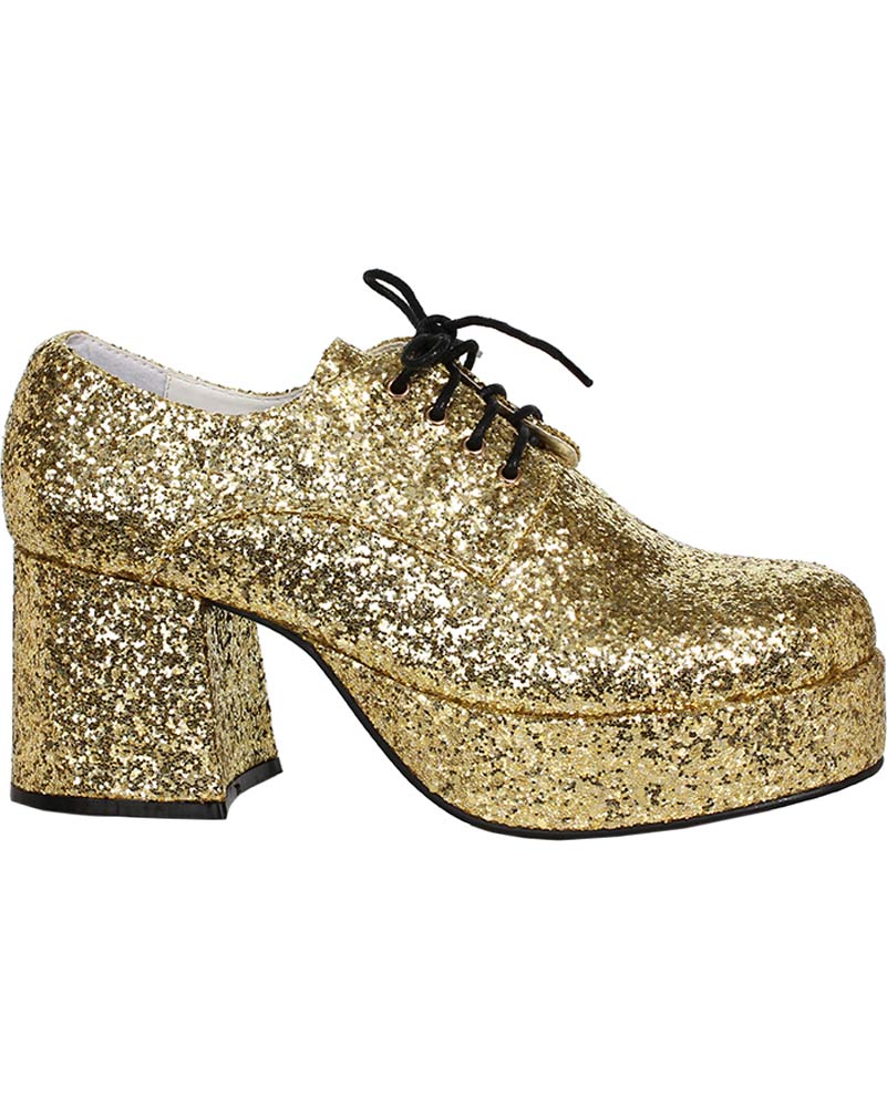 70s Disco Gold Glitter Platform Deluxe Mens Shoes - Retro Party Shoes for Men, Vintage Dance Shoes for Disco Nights & 70s Themed Parties