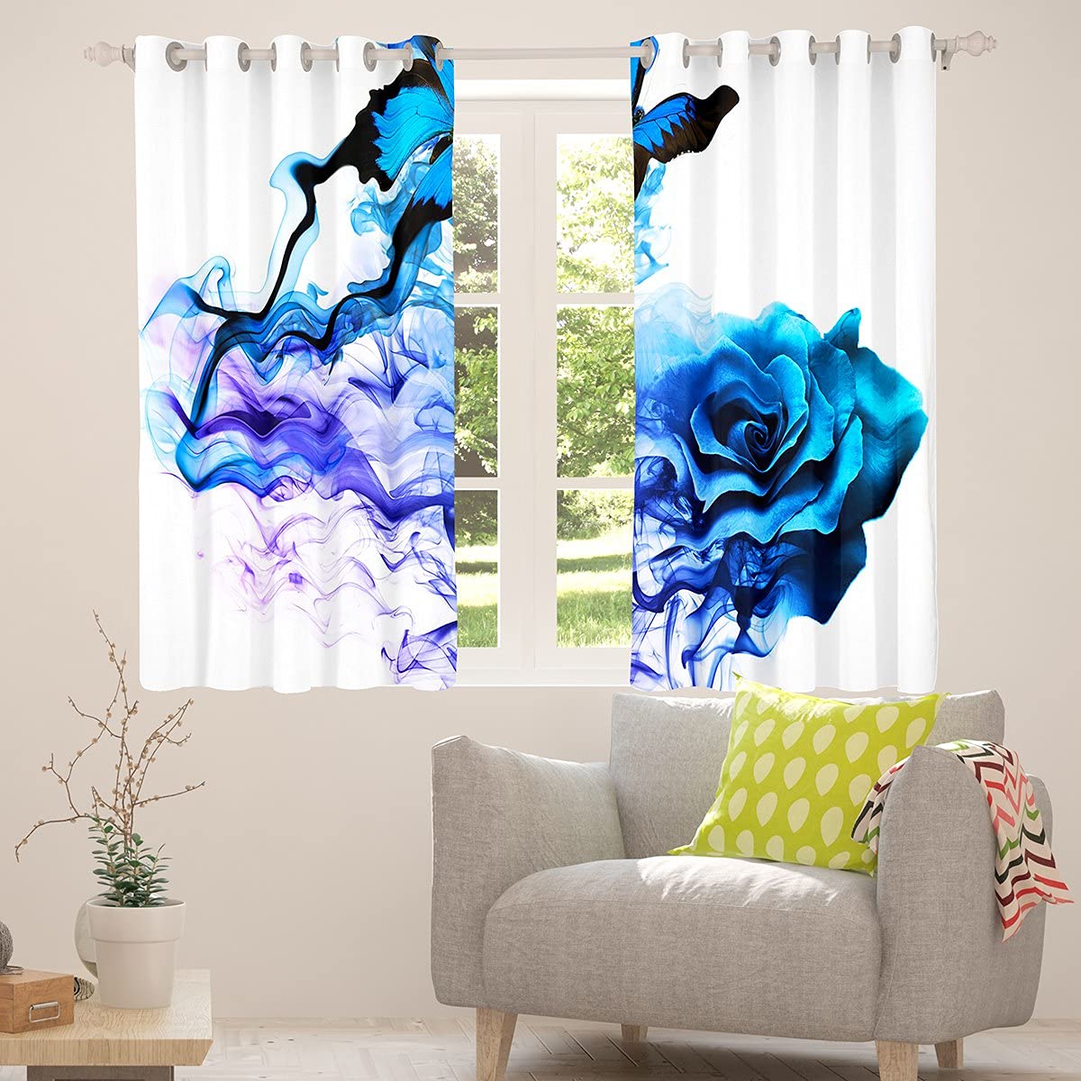Blue Rose & Butterfly Floral Print Window Curtains - 2 Panels 52x63 Inch, Romantic Dreamy Home Decor for Bedroom, Living Room & Nursery | Perfect for Boho, Cottagecore & Garden Theme Interior Design