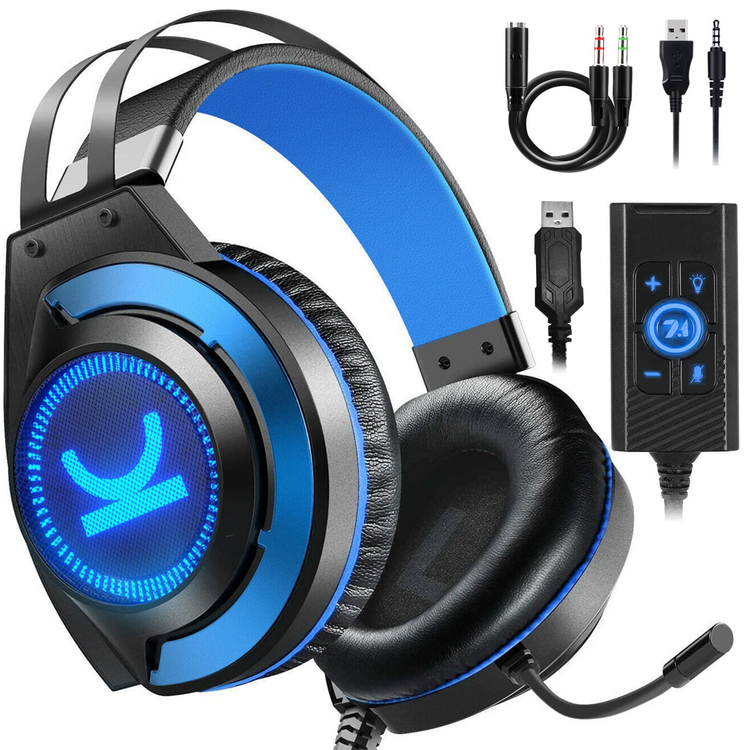 E-YEEGER 7.1 Surround Sound Gaming Headset with Noise Canceling Mic & Memory Foam Ear Pads - Compatible with PS4, PS5, Xbox One, Nintendo Switch & PC - Blue | Perfect for Competitive Gaming, Streaming & Online Chat