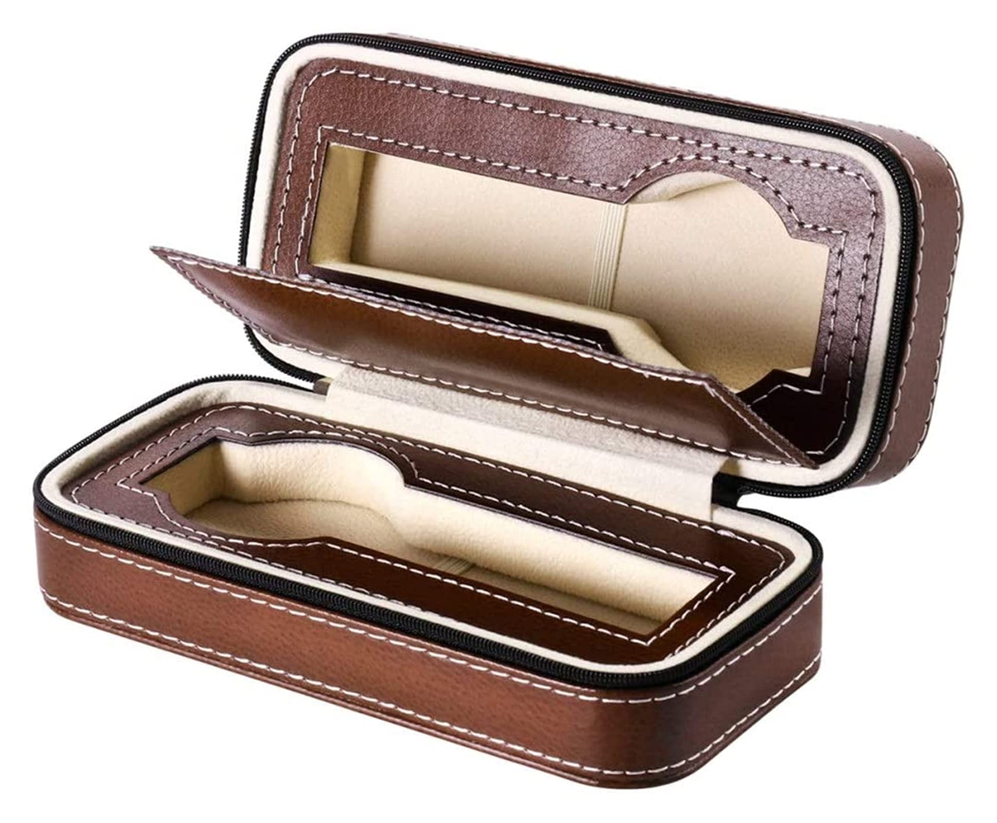 JIEERCUN 1PC Leather Zippered Watch Storage Box - Travel Wristwatch Organizer Case with Dual Compartments for Men & Women (Brown) - Perfect for Jewelry Storage, Travel & Home Organization
