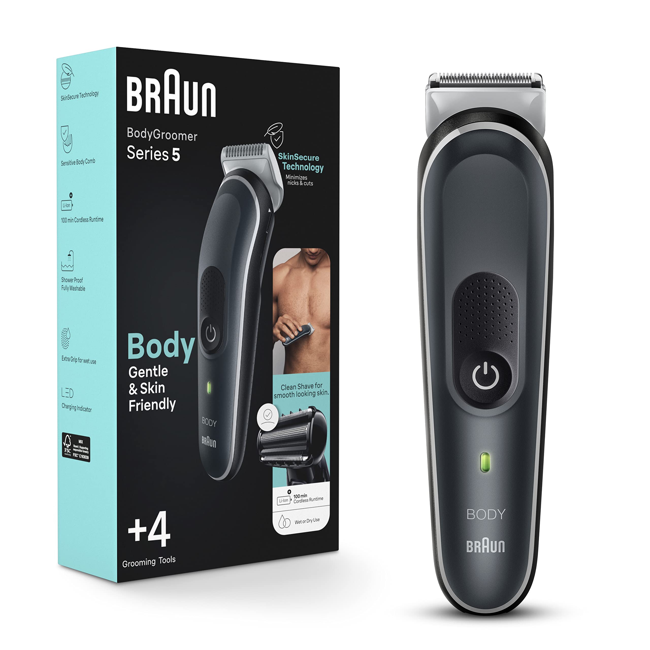 Braun Series 5 5360 Body Groomer for Men - Waterproof & Cordless Trimmer with SkinSafe Technology for Chest, Armpits, Groin - Includes Clean Shave Attachment, 100 Min Runtime - Perfect for Travel & Gym Use