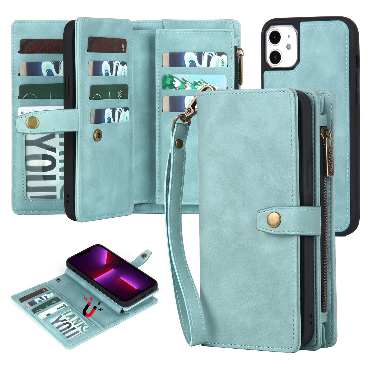 Magnetic Wallet Case for iPhone 11 with Card Holder & Detachable Cover - PU Leather Phone Case with Wrist Strap for Women & Men (Blue) - Perfect for Travel, Shopping & Everyday Use