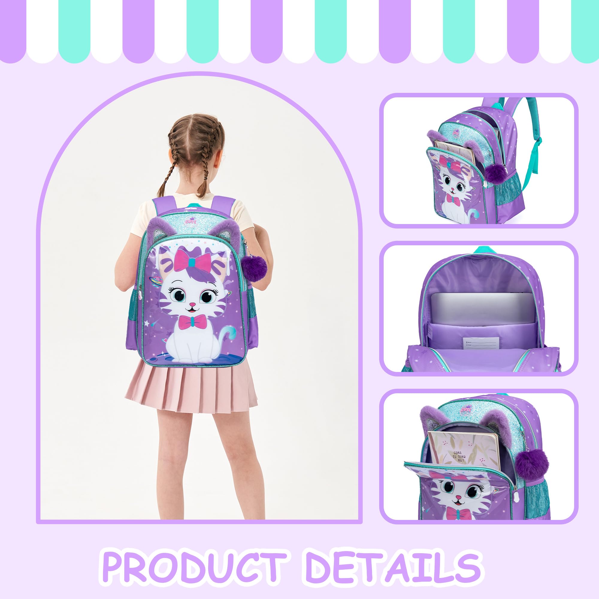 Cute Cat Backpack for Girls - Lightweight School Backpack with Lunch Box Compartment | Durable Kids Bookbag for Elementary, Middle School & Travel | Perfect for School Supplies, Day Trips & Outdoor Adventures