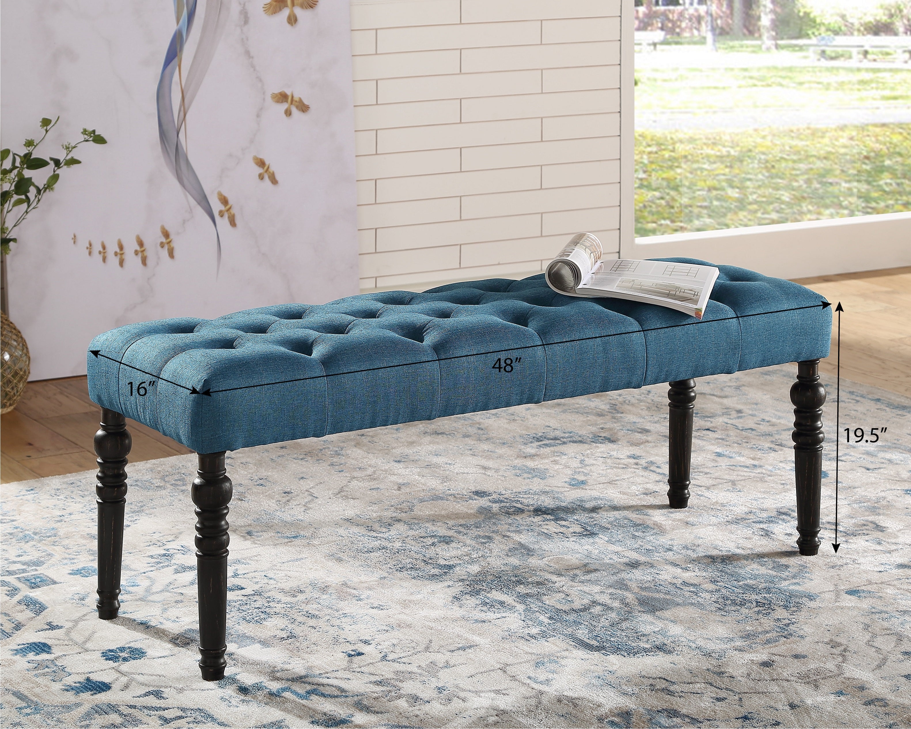 Roundhill Furniture Leviton Fabric Tufted Turned Leg Dining Bench - Blue Upholstered Seat for Kitchen, Dining Room & Entryway - Comfortable & Stylish Home Decor