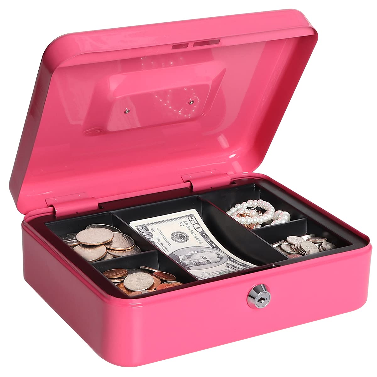 Lovndi Metal Cash Box with Money Tray & Lock - 9.84 x 7.87 x 3.54 Inches Pink Lockbox for Secure Cash Storage - Ideal for Home, Office, Retail Stores & Small Business Money Management