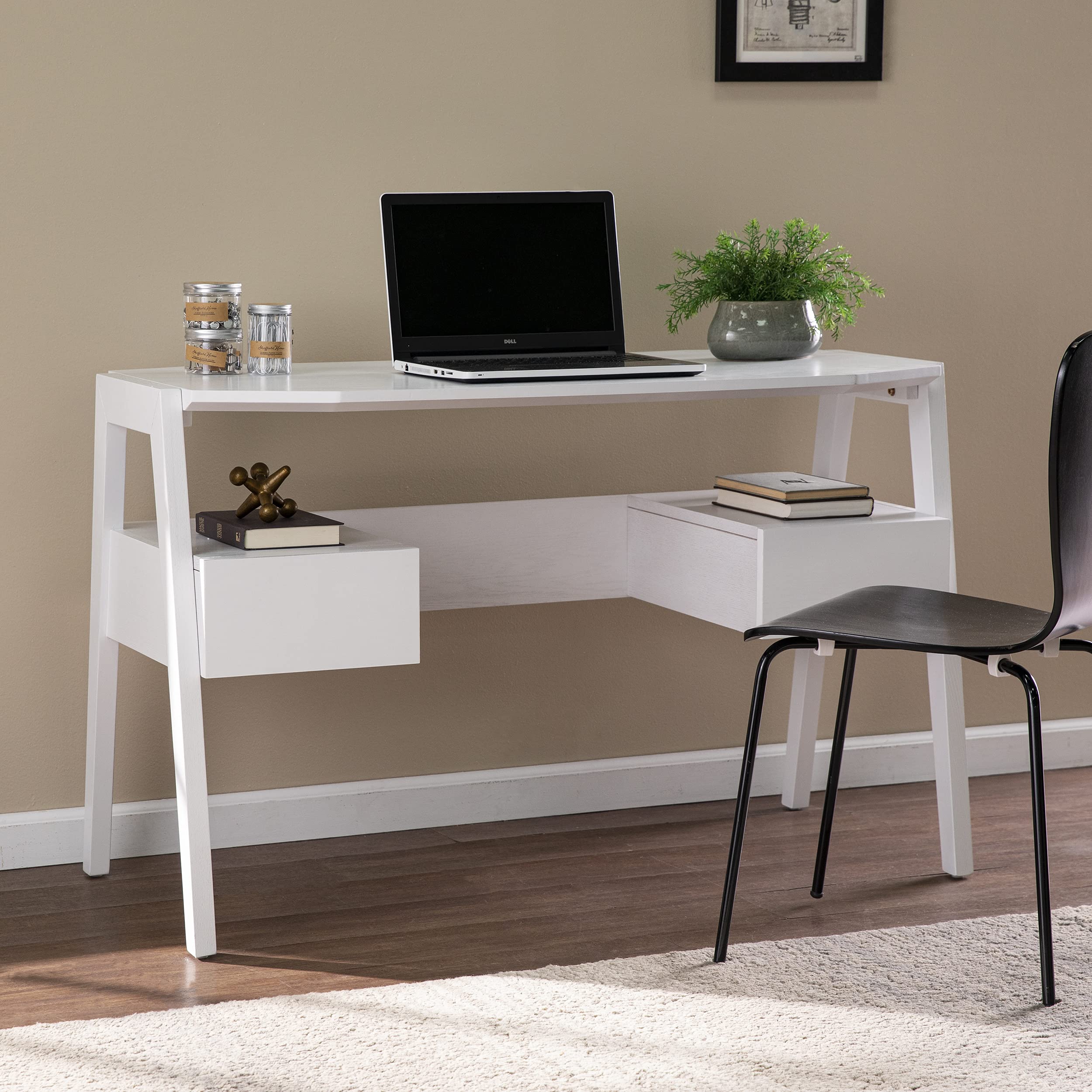 Midcentury Modern Writing Desk with Storage - White Wooden Home Office Desk for Small Spaces | Stylish & Functional Workspace Solution for Study, Work, or Crafting