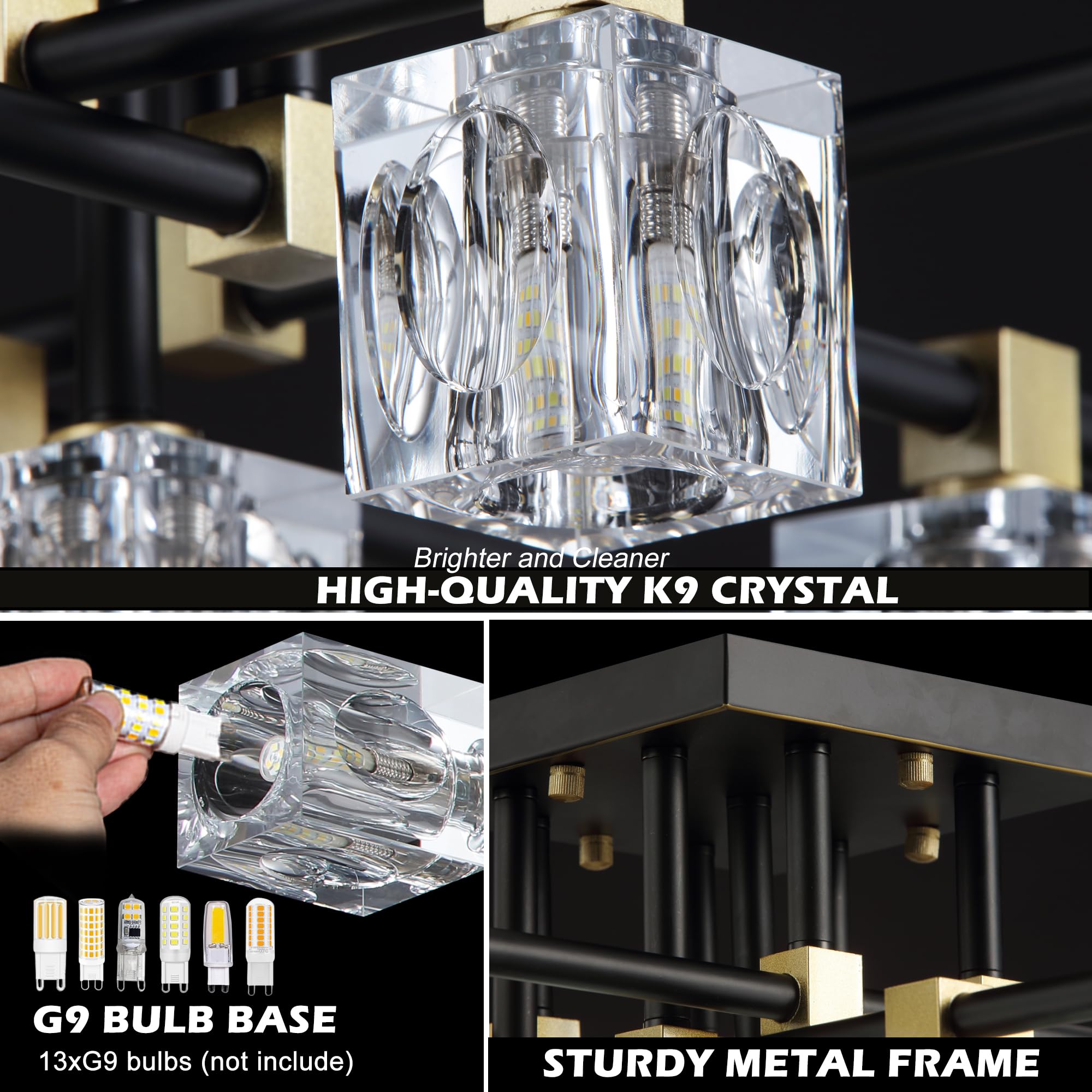 13-Light Modern Crystal Sputnik Chandelier - Black & Gold Ceiling Light Fixture for Dining Room, Entryway, Bedroom - Elegant Lighting for Home Decor, Wedding Venues, and Luxury Spaces
