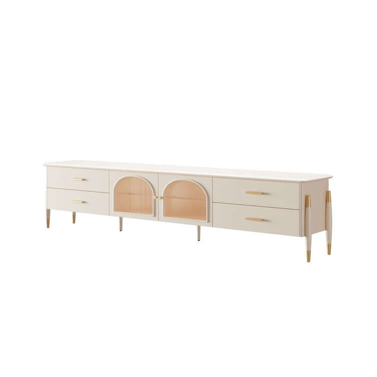 Modern Beige TV Stand with Glass Doors, LED Lights & 4 Storage Drawers - Stylish Media Console for Living Room, Bedroom or Home Theater Setup