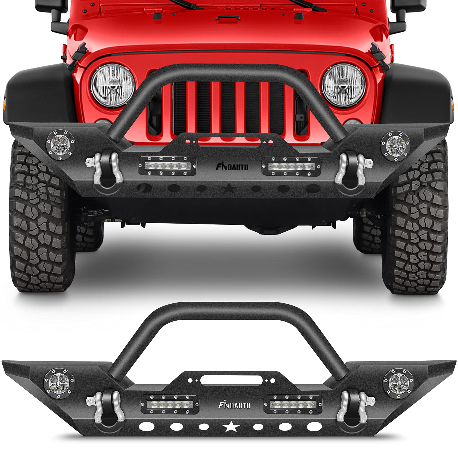 FINDAUTO Upgraded Textured Black Rock Crawler Front Bumper with D-Ring & Winch Plate | Compatible with 2007-2018 Jeep Wrangler JK | LED Light Bar Included | Off-Road Adventure & Heavy-Duty Protection