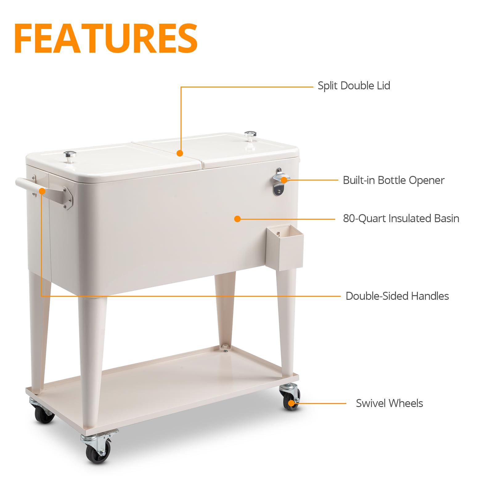 80 Quart Rolling Cooler Cart with Locking Wheels, Storage Shelf & Bottle Opener - Heavy Duty Outdoor Ice Chest for Camping, Beach, Tailgating, Backyard BBQs & Parties - Portable Beverage Cooler Trolley for Drinks & Food Storage
