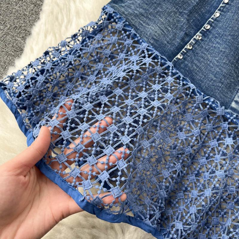 Elegant Beaded Round Neck Lace Stitching Denim Mermaid Dress with Short Sleeves - Perfect for Evening Parties, Weddings & Special Occasions