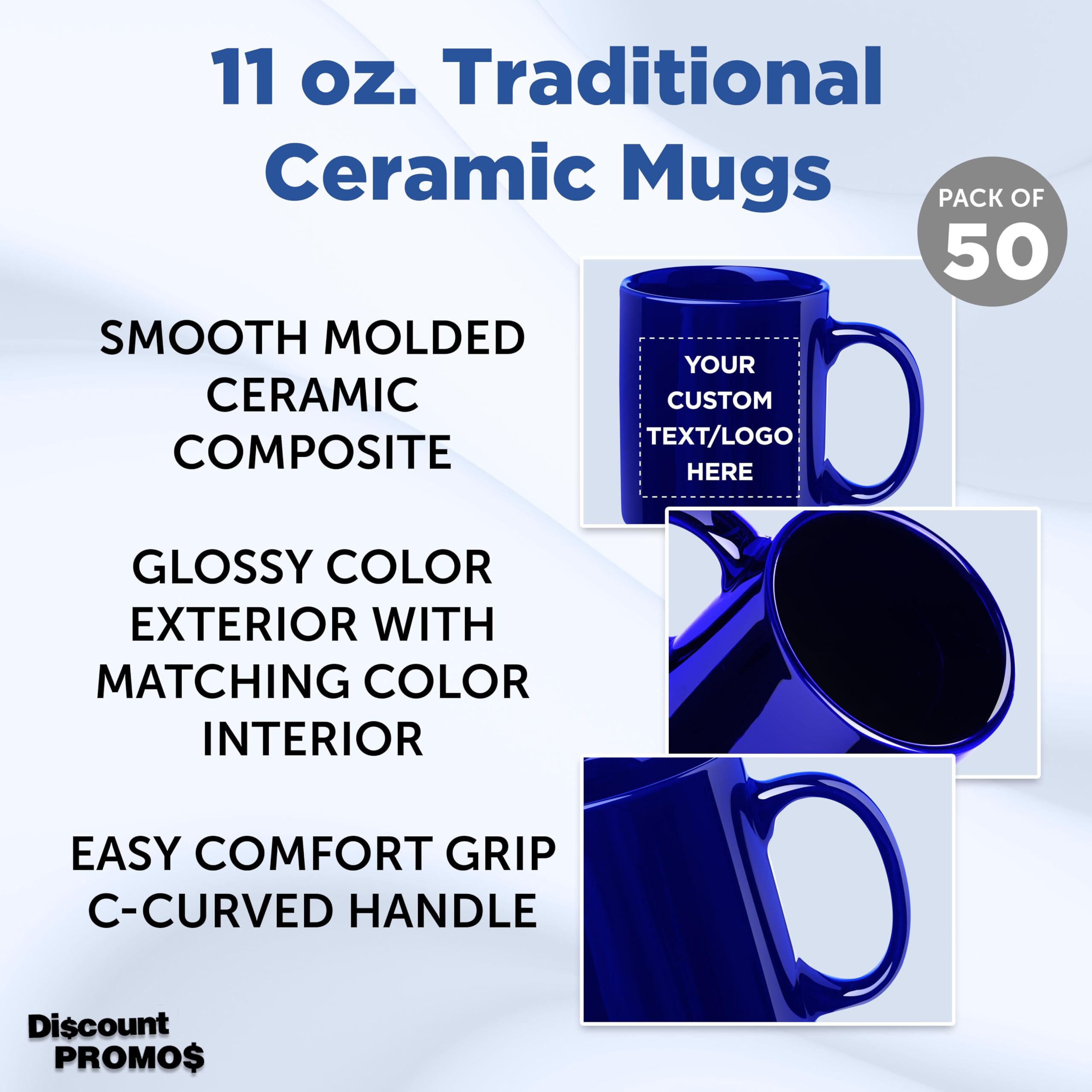 Custom Ceramic Coffee Mugs 11 oz - Bulk Set of 50 Personalized Coffee Cups for Office, Cafe & Home Use - Iced Coffee & Gaming Mugs in Cobalt Blue - Durable Dishwasher Safe Ceramic Mugs for Daily Use, Gifts & Promotional Events
