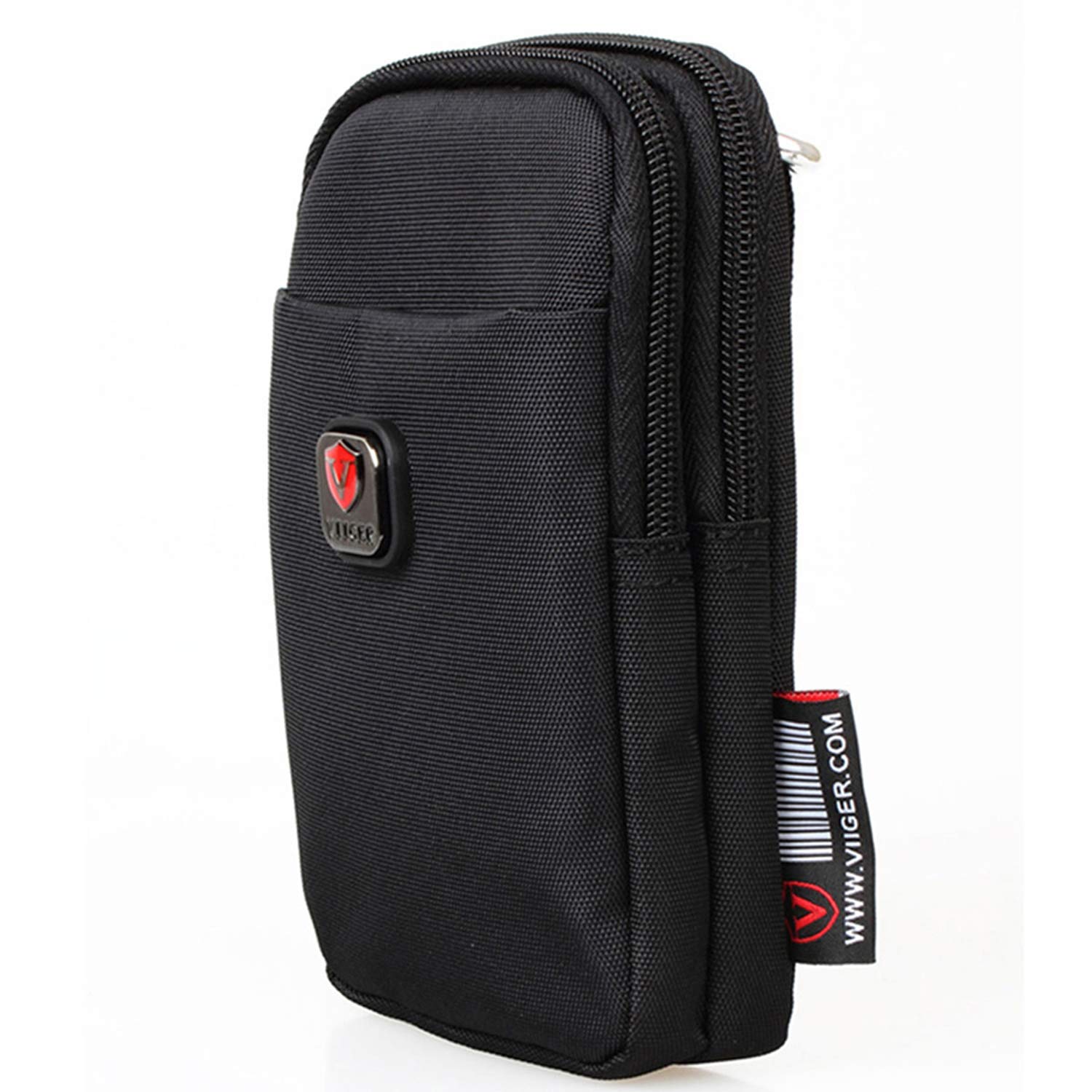 VIIGER Nylon Dual Phone Holster Belt Pouch - Compatible with iPhone 15 Pro Max/16 Pro/S24 - 2 Zipper Pockets & Clip - Black - Perfect for Outdoor Activities, Work & Travel