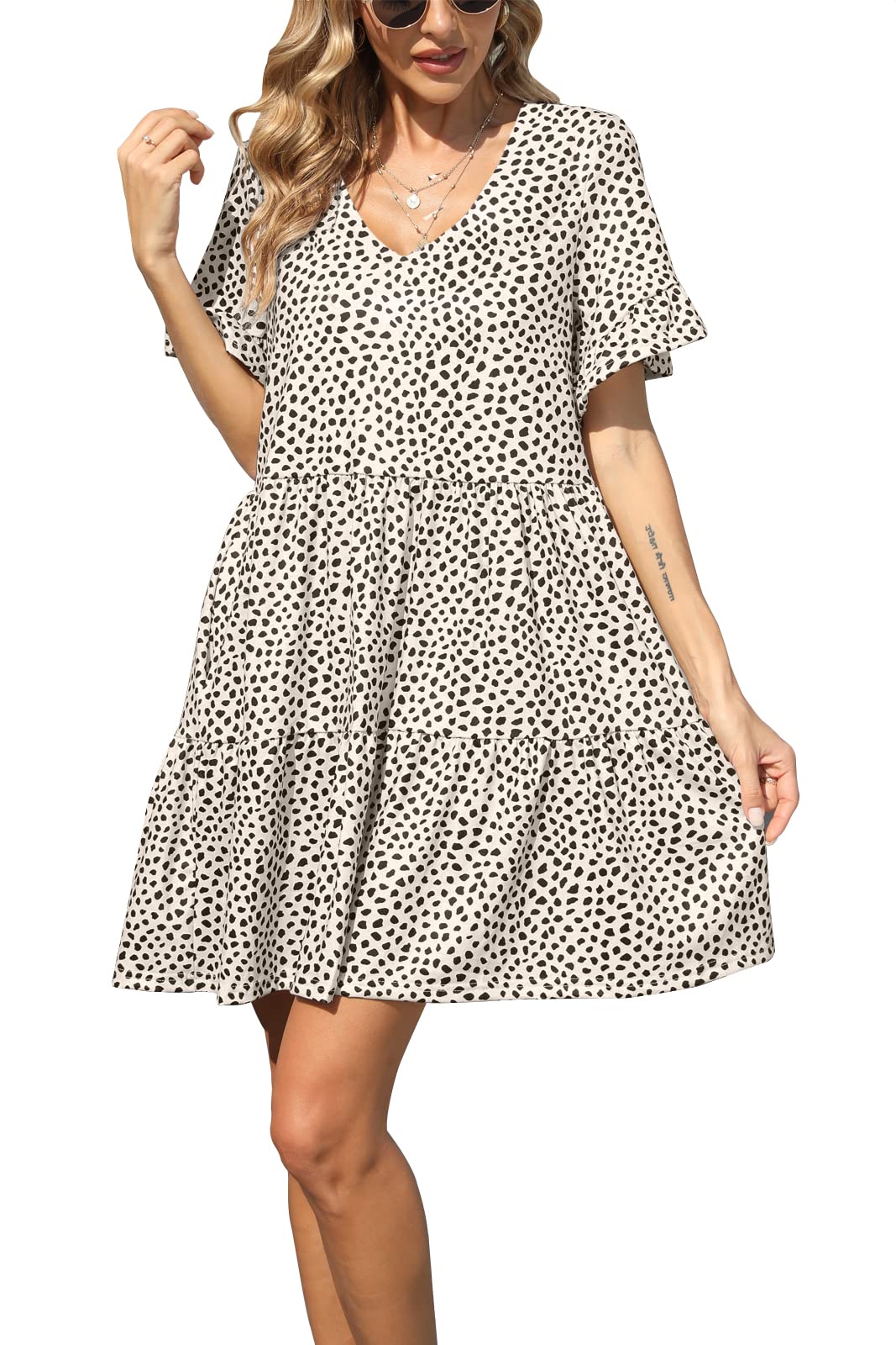 Nclook Women's 2025 Summer Casual Dress - Sweet Cute V-Neck Mini Dress with Pockets, Short Sleeve Ruffle Dress for Beach, Party & Daily Wear