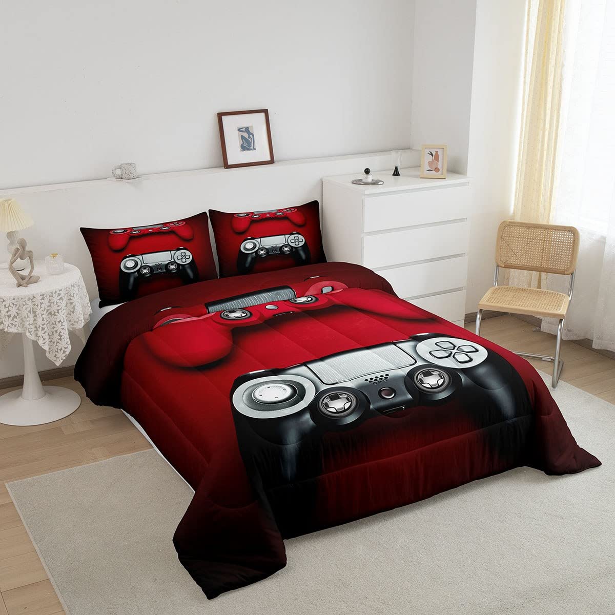 Feelyou Gaming Bedding Set - Red Video Game Controller Printed Comforter Set for Teens & Boys, 3-Piece Gamer Duvet Quilt Set (1 Comforter + 2 Pillowcases), Full Size, Black - Perfect for Gaming Rooms, Teen Bedrooms & Sleepovers