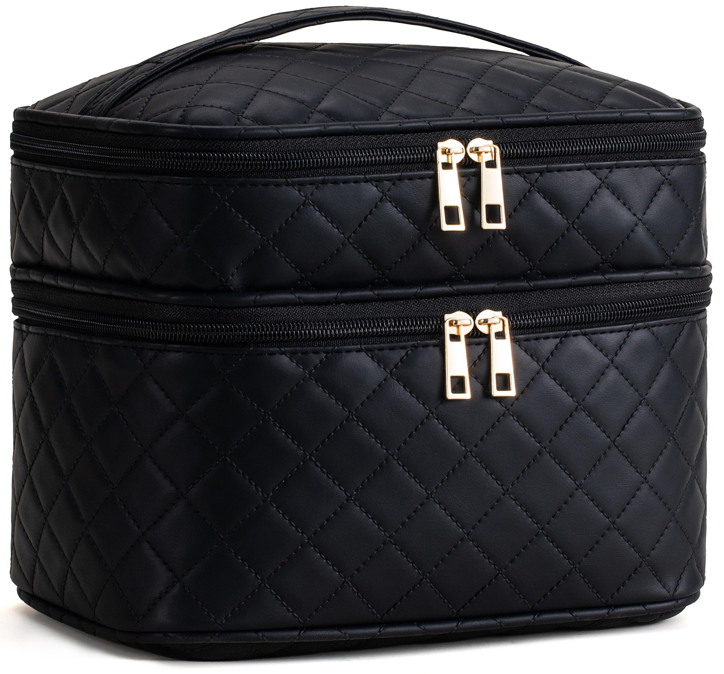 Large Waterproof Leather Makeup Bag for Women - Travel Cosmetic Organizer with Removable Dividers, Portable Toiletry Case (Lattice Black) | Perfect for Travel, Gym, and Daily Makeup Storage
