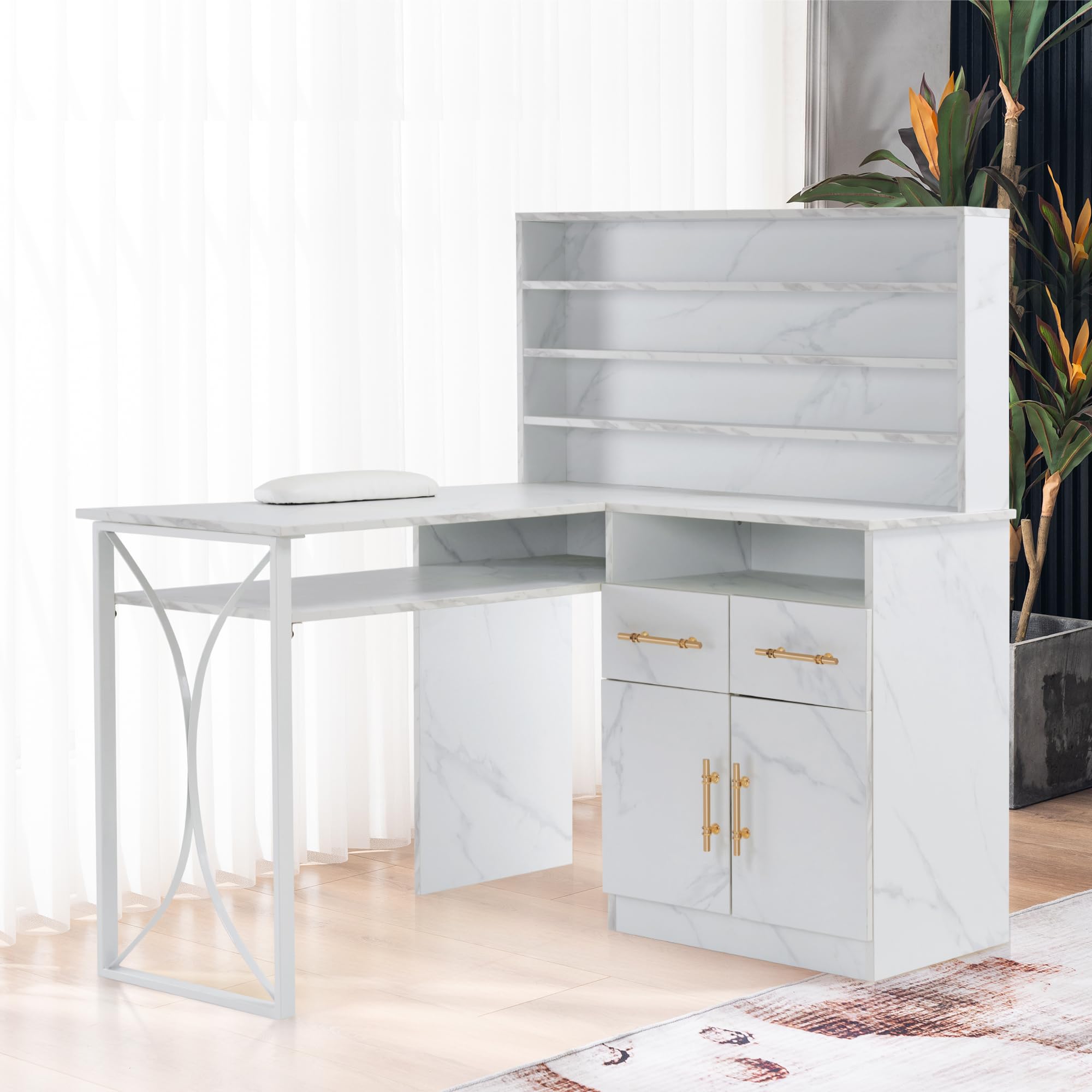 Professional L-Shaped Nail Salon Desk with Storage Drawers & Cabinets - White Manicure Workstation for Efficient Organization | Perfect for Home & Salon Use