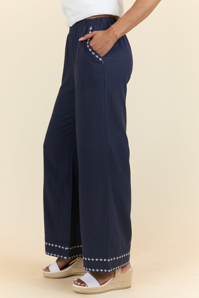 Just Feels Right Navy Blue Embroidered Casual Pants for Women - Comfortable & Stylish - Perfect for Work, Travel & Everyday Wear - FINAL SALE