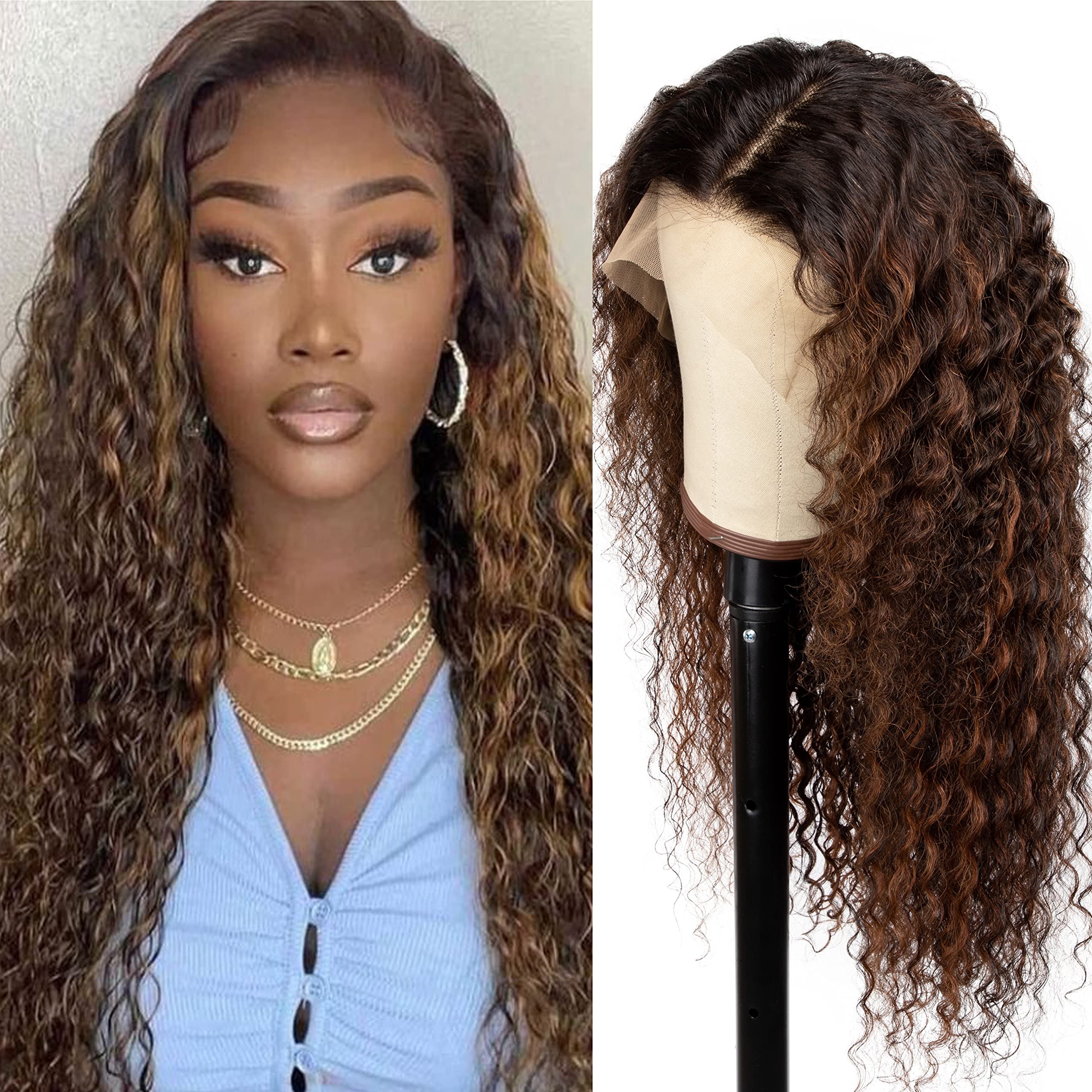 13x4 Deep Wave Lace Front Wig 180% Density Human Hair - Ombre FB30 Highlighted Curly Lace Wig with Baby Hair (22 Inch) for Women's Daily Wear, Parties & Special Occasions