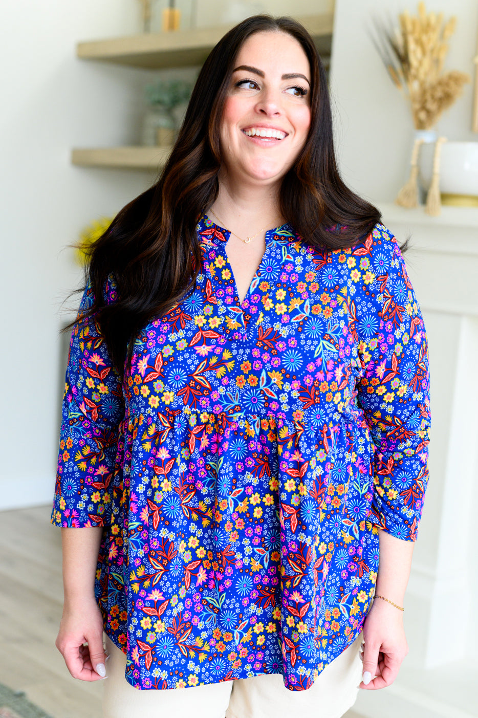 Lizzy Babydoll Top - Royal Retro Floral Print Women's Blouse for Casual Wear, Date Night & Summer Outfits