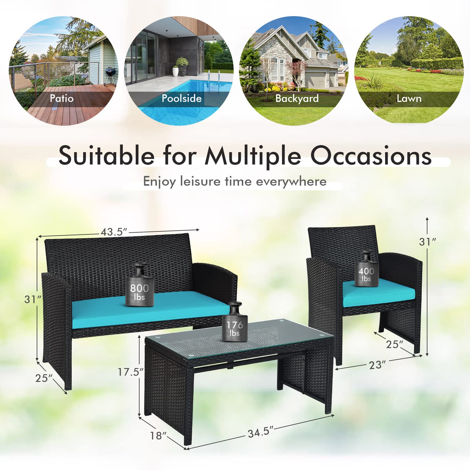 Goplus 4-Piece Rattan Patio Furniture Set - Outdoor Wicker Sofa & Coffee Table with Soft Cushions & Tempered Glass - Turquoise Conversation Set for Balcony, Garden, Backyard, Poolside & Outdoor Entertaining