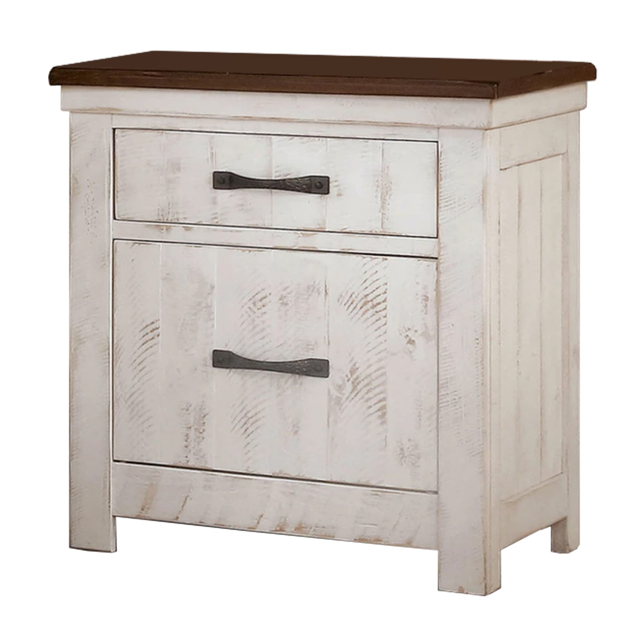 Benjara Modern Nightstand with 2 Drawers, USB Charging Ports & Plank Design - White & Brown Wood Bedside Table for Bedroom, Living Room & Office