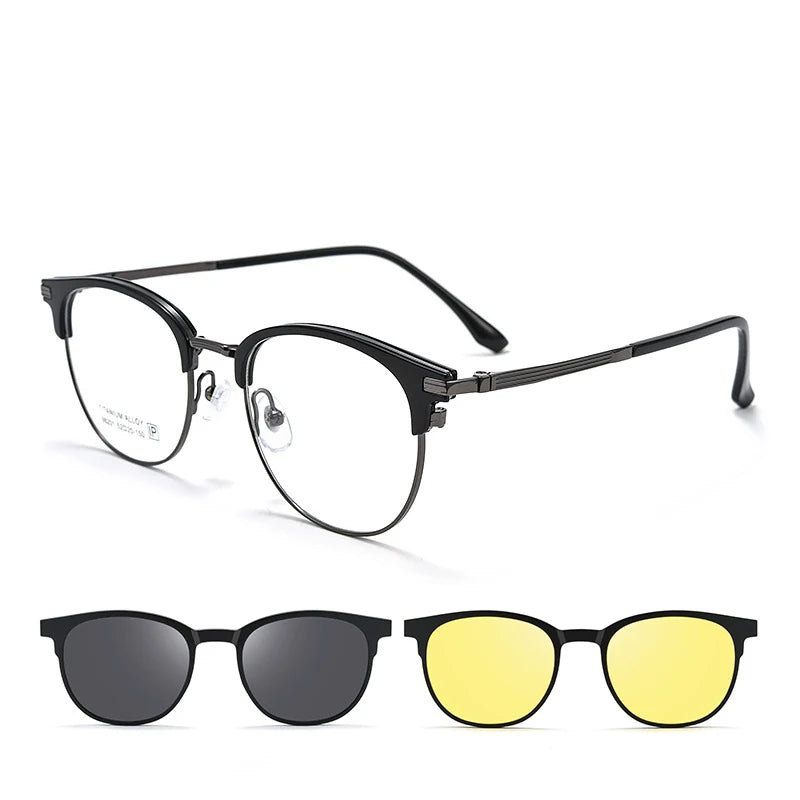 Bclear Unisex Full Rim Round Alloy Eyeglasses with Clip-On Polarized Sunglasses 9820 - Stylish UV Protection for Driving, Outdoor Activities & Everyday Wear