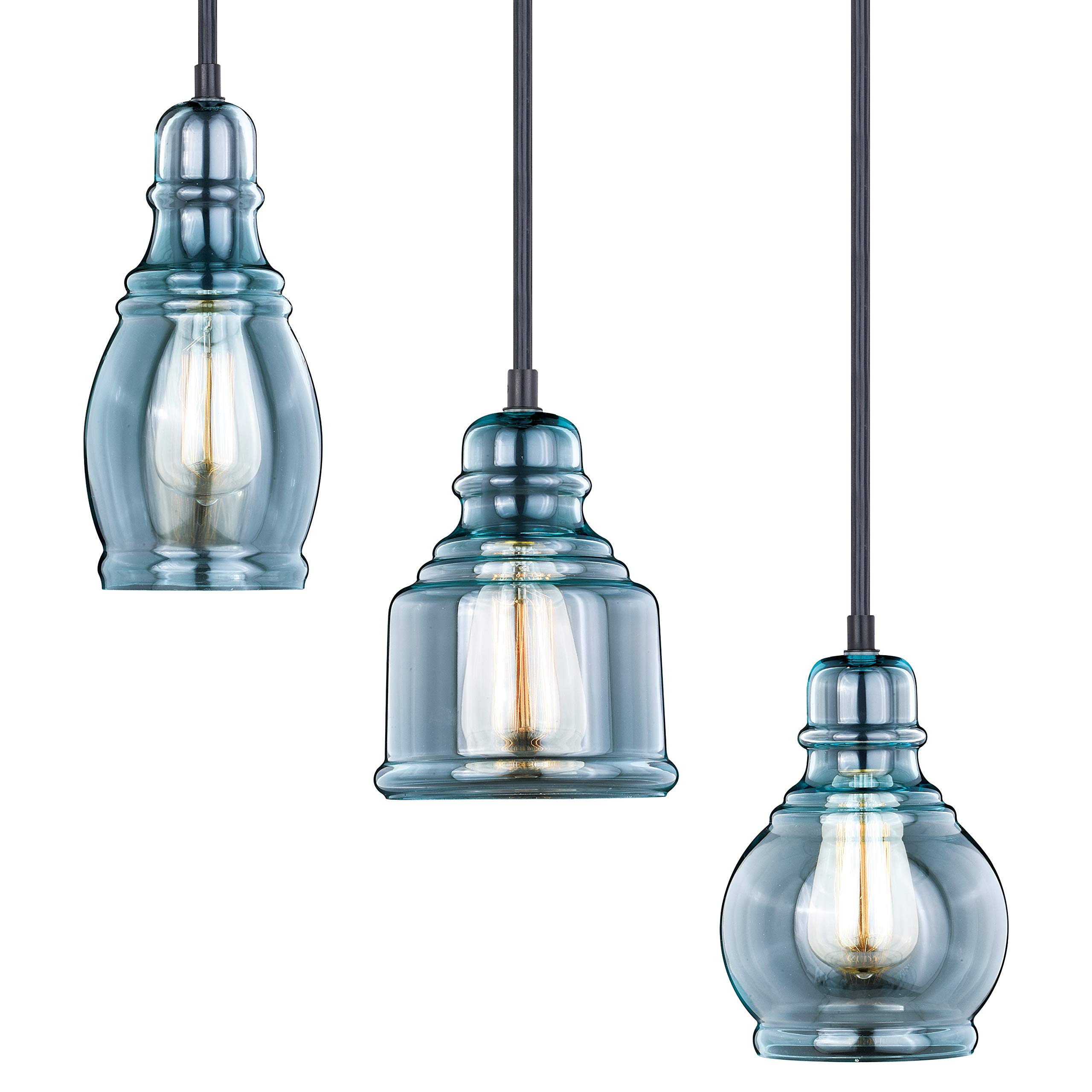 VAXCEL Millie 3L Nickel & Bronze Farmhouse Pendant Light with Blue Glass - Rustic Ceiling Chandelier for Kitchen Island, Dining Room, or Entryway Lighting