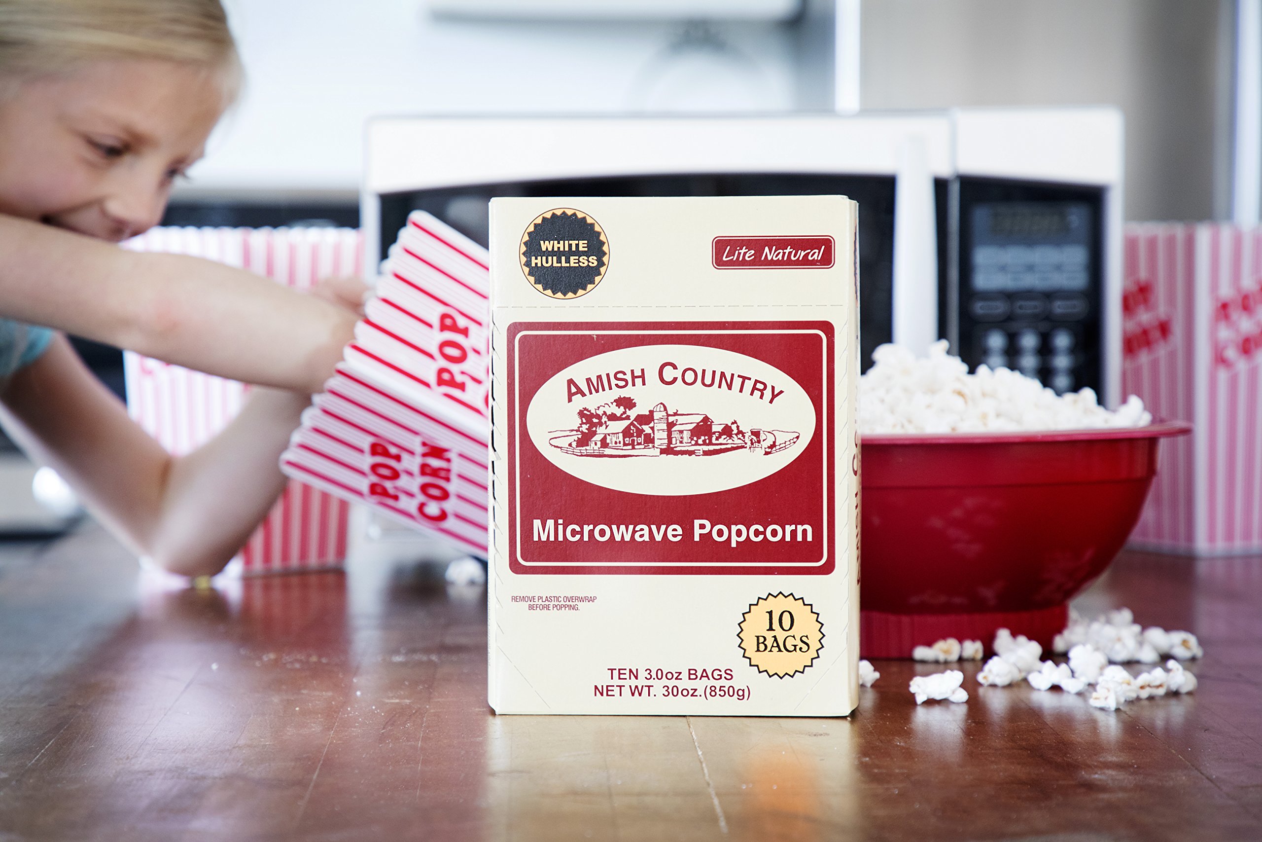 Amish Country Popcorn - Old Fashioned Microwave Popcorn, 10 Bags Lite Natural White Hulless - Non-GMO, Gluten Free, Kosher Certified | Perfect for Movie Nights, Healthy Snacking & Family Gatherings