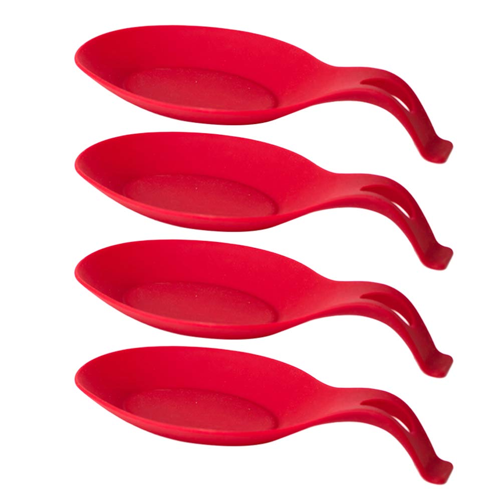 DOITOOL 4pcs Heat Resistant Silicone Spoon Rest - Kitchen Utensil Holder for Cooking & Baking (Red)
