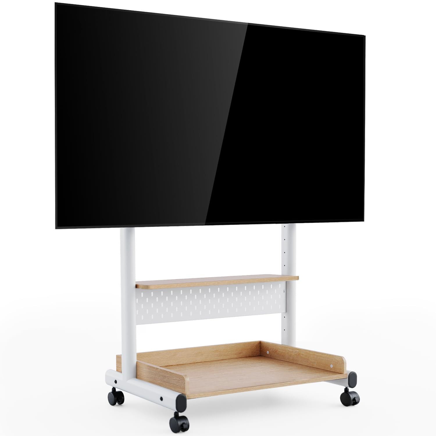 FITUEYES White TV Stand with Storage Wheels for 40-85 Inch LED LCD Flat Screen TVs - Corner Entertainment Center with Peg Board & Cabinet Storage - Perfect for Living Room, Bedroom or Home Theater Setup