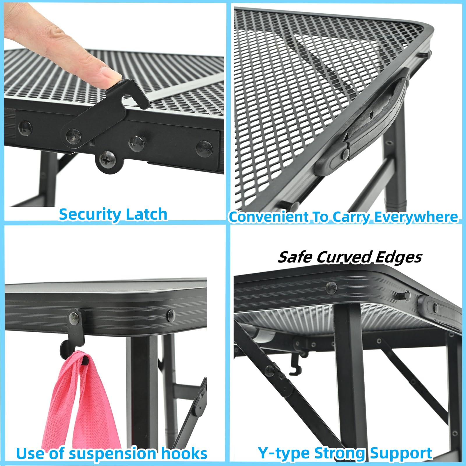 Portable Folding Camping Table with Adjustable Height & Mesh Desktop - Lightweight Picnic Table for Outdoor BBQ, Tailgating, Beach & Backyard (23.6