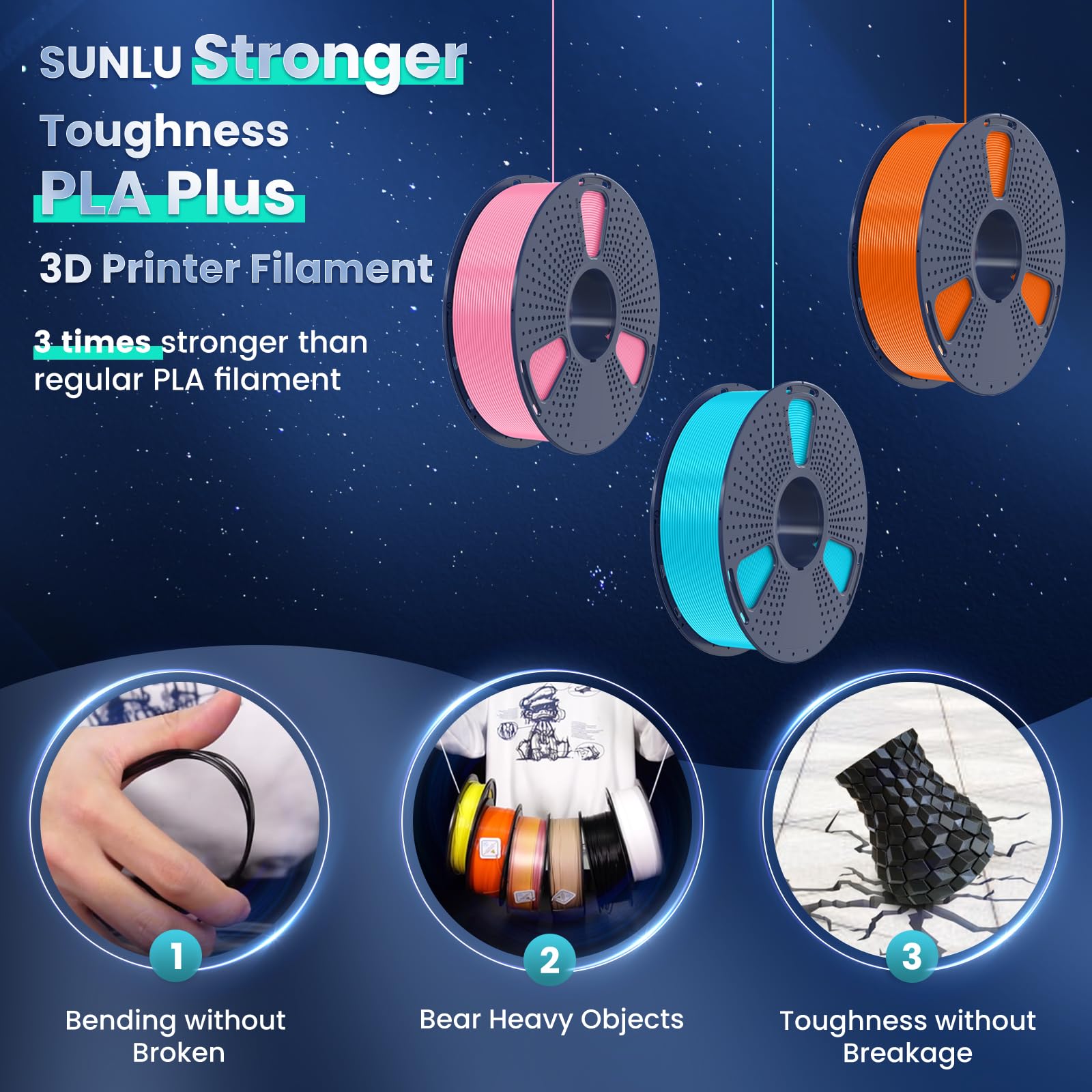 SUNLU PLA Plus 3D Printer Filament 1.75mm 2KG Spool (2-Pack Grey) - High Precision +/-0.02mm for FDM Printers - Perfect for Home DIY, Prototyping & Cosplay Projects