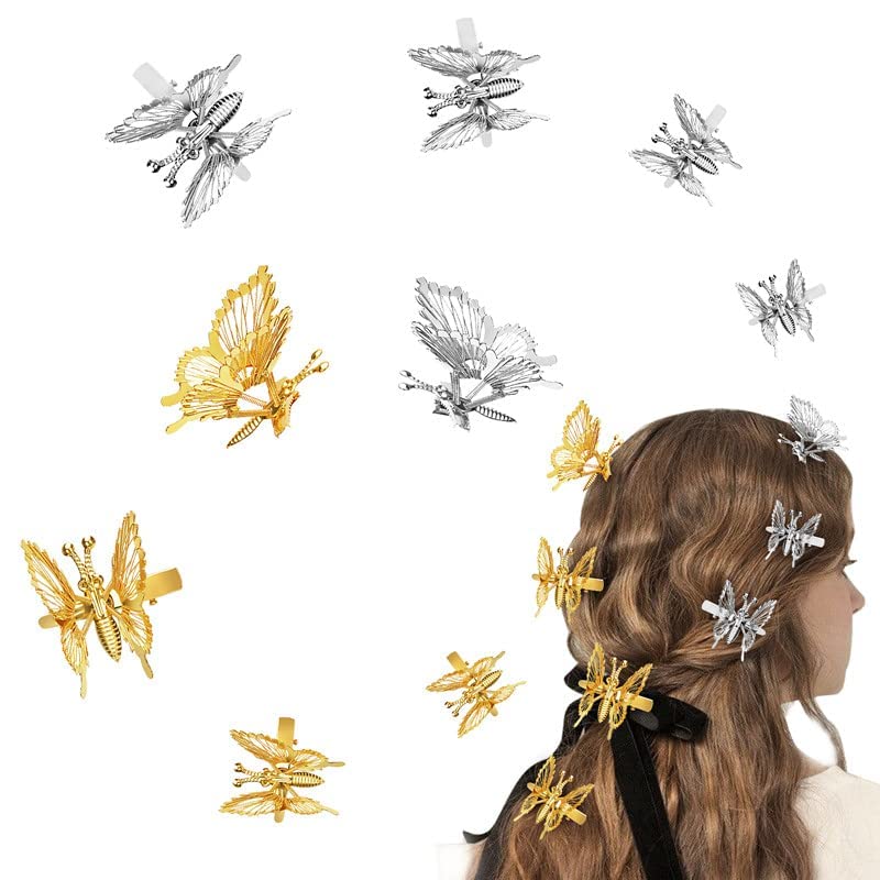 FAMEZA 6-Piece 3D Moving Butterfly Hair Clips - Silver Metal Wing Hair Accessories for Women & Girls | Barrettes, Styling Pins & Claw Clips | Perfect for 90s Retro Style, Parties & Everyday Wear