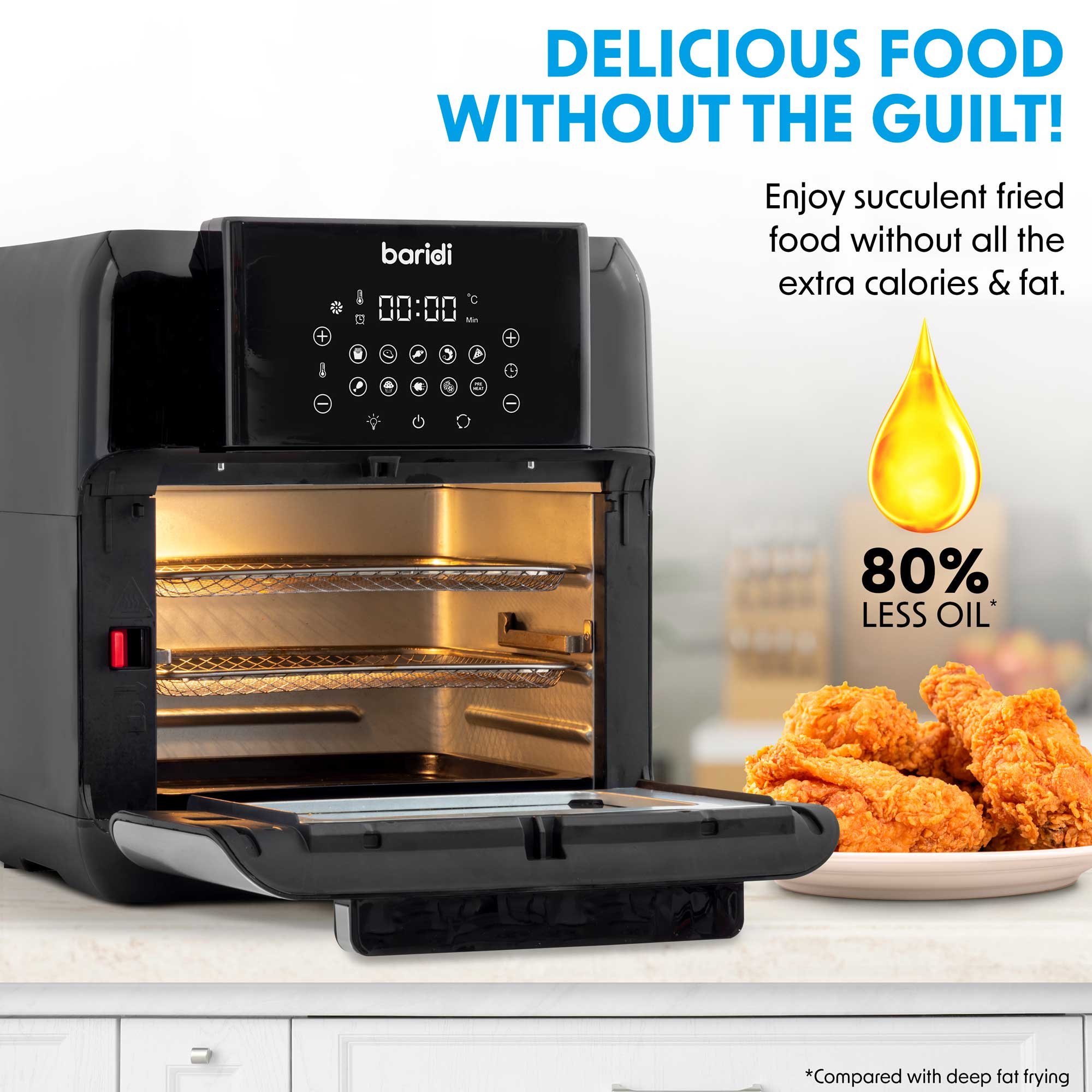 Baridi 12L Air Fryer and Rotisserie Combo - 1500W Digital Air Fryer with 10 Preset Functions, Black & Silver (DH170) - Perfect for Healthy Cooking, Crispy Fried Chicken, and Rotisserie Meals at Home