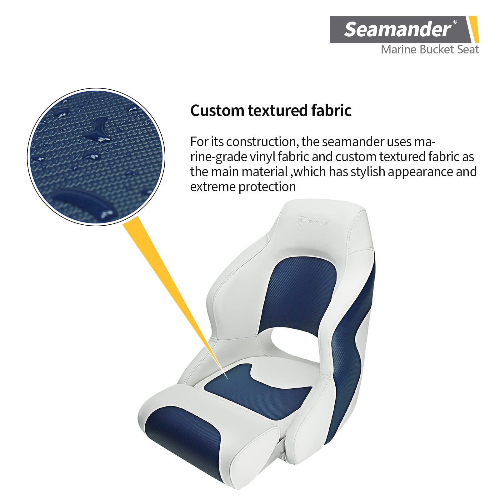 Premium Seamander Captain Bucket Seat - White/Blue Flip-Up Marine Boat Seat for Fishing & Boating | Comfortable Waterproof Sports Seat for Pontoon, Bass & Ski Boats