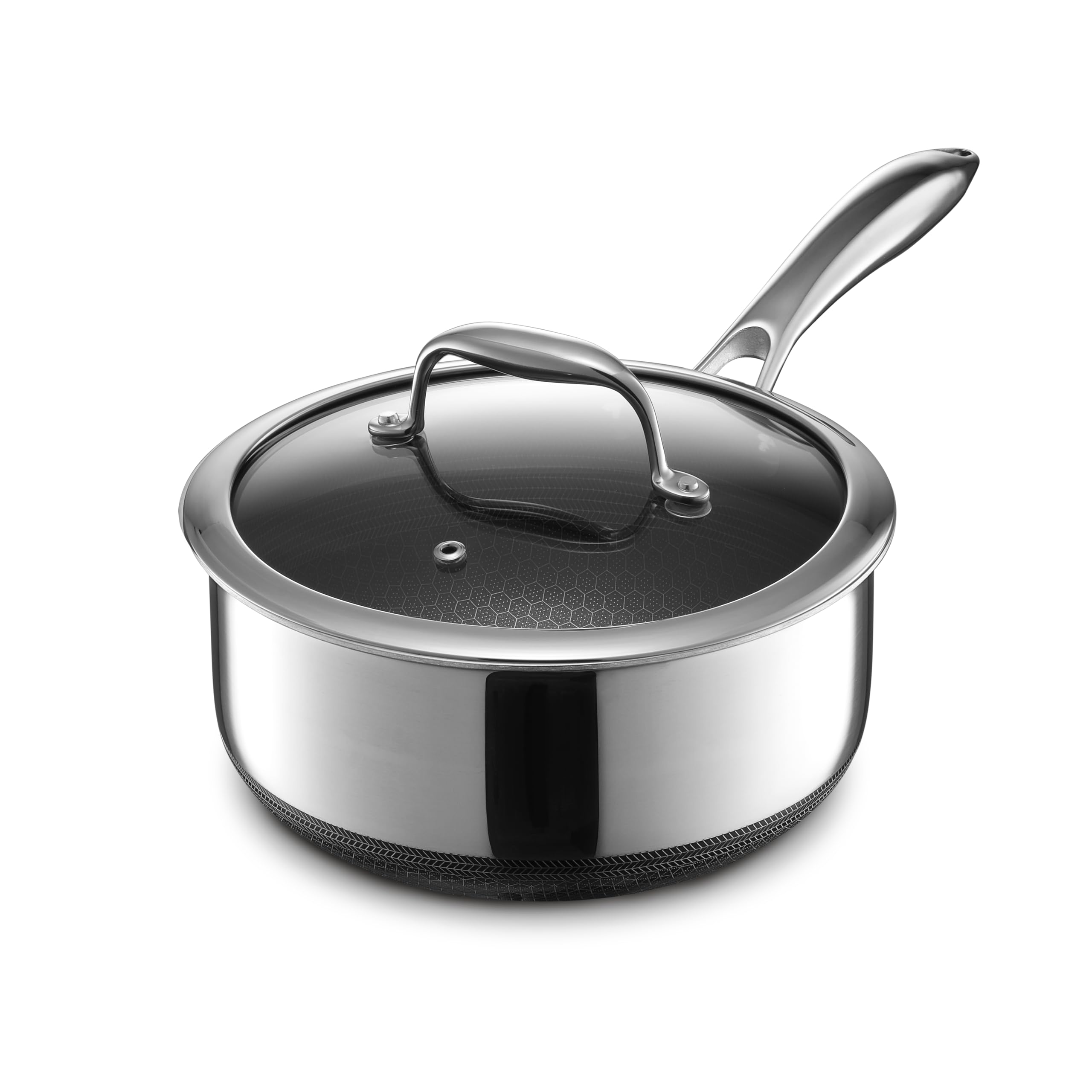 HexClad Hybrid Nonstick 3-Quart Saucepan with Tempered Glass Lid - Stay-Cool Handle, Dishwasher & Oven Safe (Up to 900°F), Induction Compatible for All Cooktops - Perfect for Sauces, Soups, and Everyday Cooking