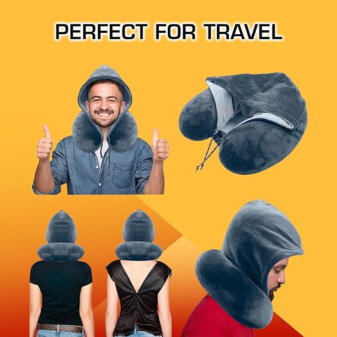 BigPlayer Hooded Travel Neck Pillow - Ergonomic Memory Foam Cervical Support Pillow for Neck Pain Relief & Comfort - Perfect for Airplane, Car & Train Travel - Soft & Washable Cover - Ideal for Men & Women on Long Flights, Road Trips & Commuting