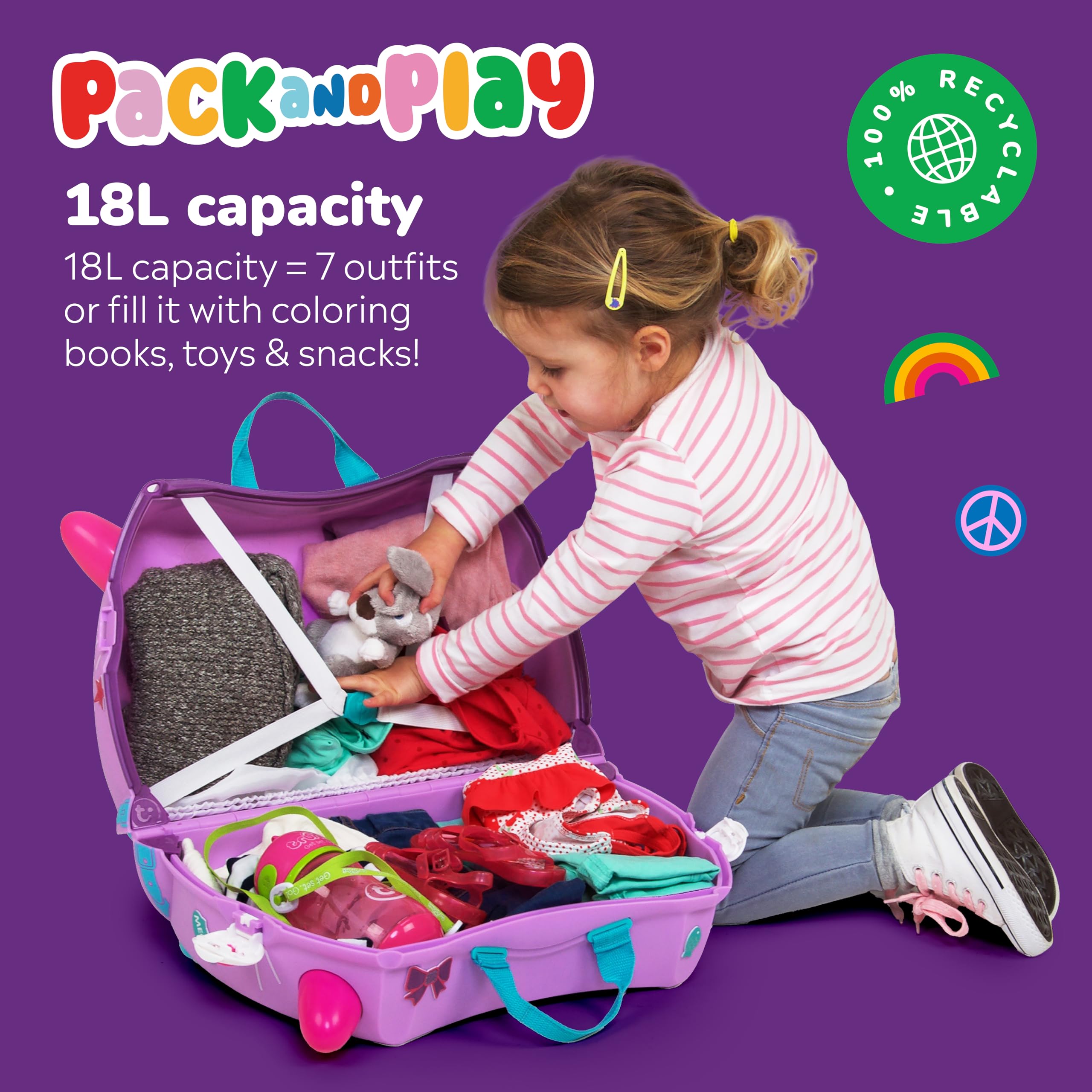 Trunki Ride-On Kids Suitcase - Toddler Luggage with Wheels, Carry-On Travel Bag for Airplane - Cute Cassie Cat Lilac Design - Perfect for Family Trips, Air Travel & Preschool Adventures