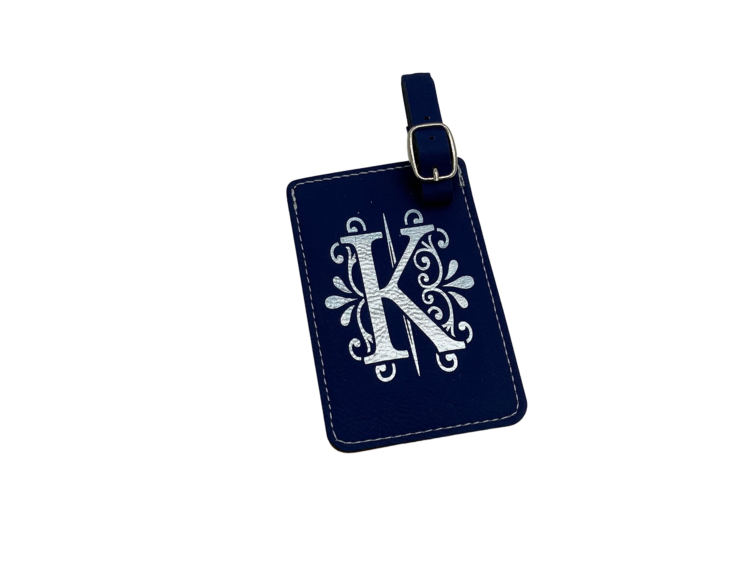 Personalized Monogram Luggage Tags - Floral Engineered Leather with Initial Letters (Blue, K) | Durable Travel Accessories for Suitcases, Backpacks & Carry-Ons