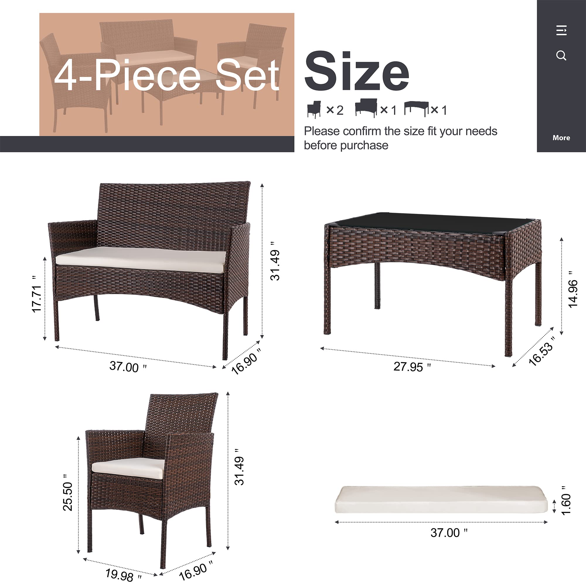 **SUNLEI 4-Piece Outdoor Patio Furniture Set - Rattan Wicker Conversation Set with Coffee Table, Brown & White - Perfect for Backyard, Porch, Garden, Poolside, Balcony, Indoor & Outdoor Use**