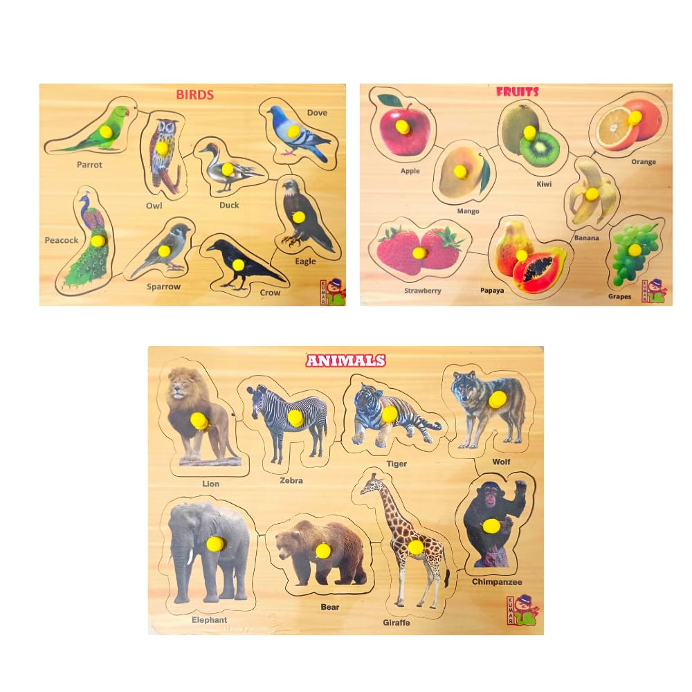 5-Piece Wooden Learning Puzzle Set for Kids Ages 3+ & Adults - Number 1-20, ABC Alphabet, Birds & Wild Animals Educational Toys | Montessori Learning, Homeschool & Family Game Night Activities