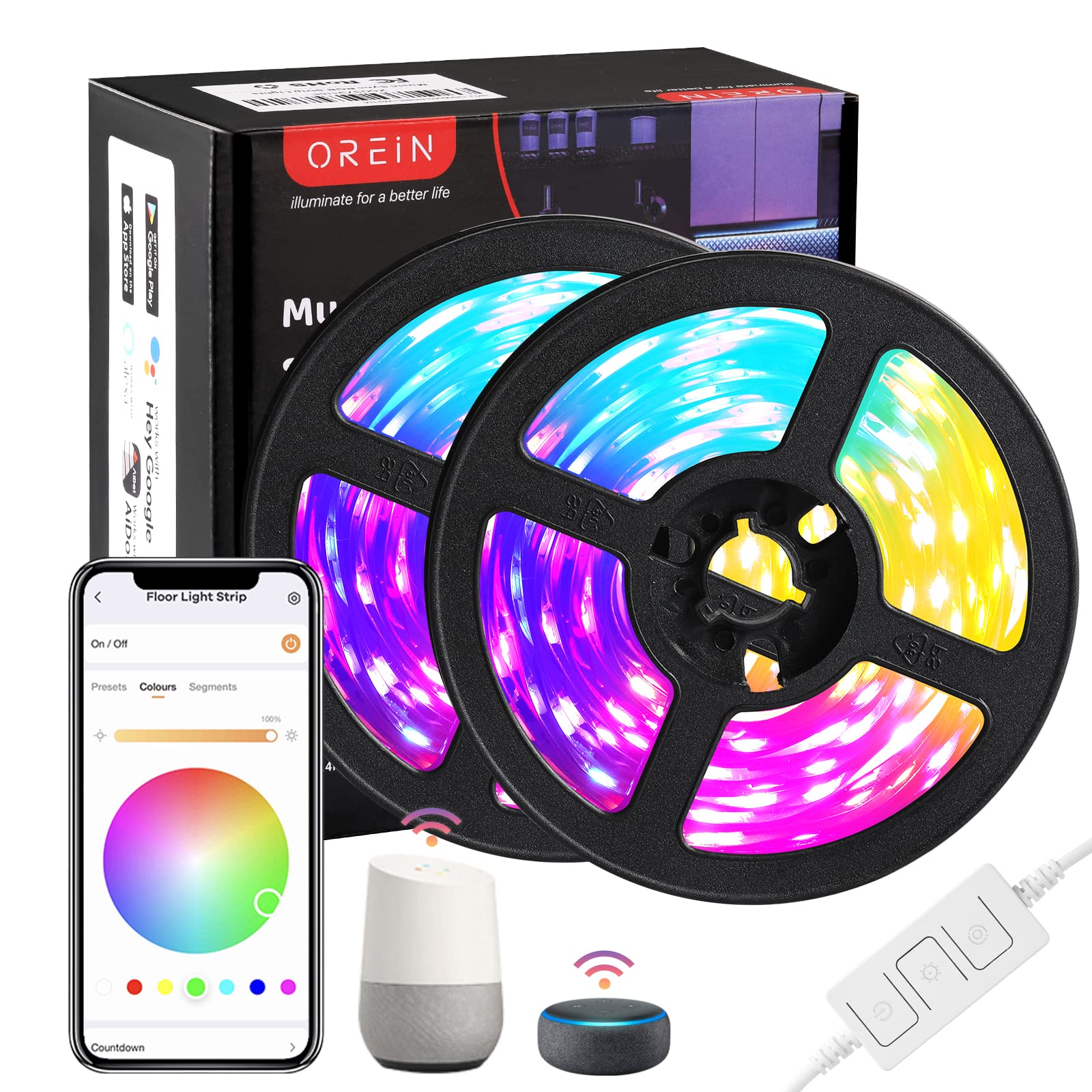OREiN Smart LED Strip Lights 23ft - RGBIC Color Changing WiFi Light Strip with Music Sync, Works with Alexa & Google Assistant, App Control - Perfect for Bedroom, Home Decoration & Party Lighting