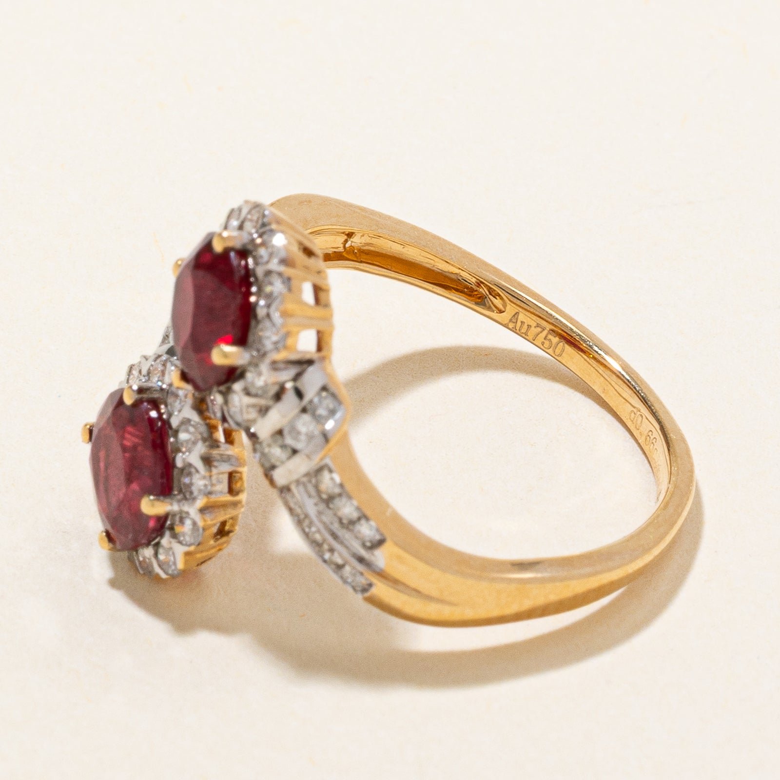 18K Gold Toi et Moi Vivid Red Ruby & Diamond Bypass Ring - 1.80ctw Ruby & 0.66ctw Diamond - Size 6.5 - Perfect for Engagement, Anniversary & Romantic Gifts