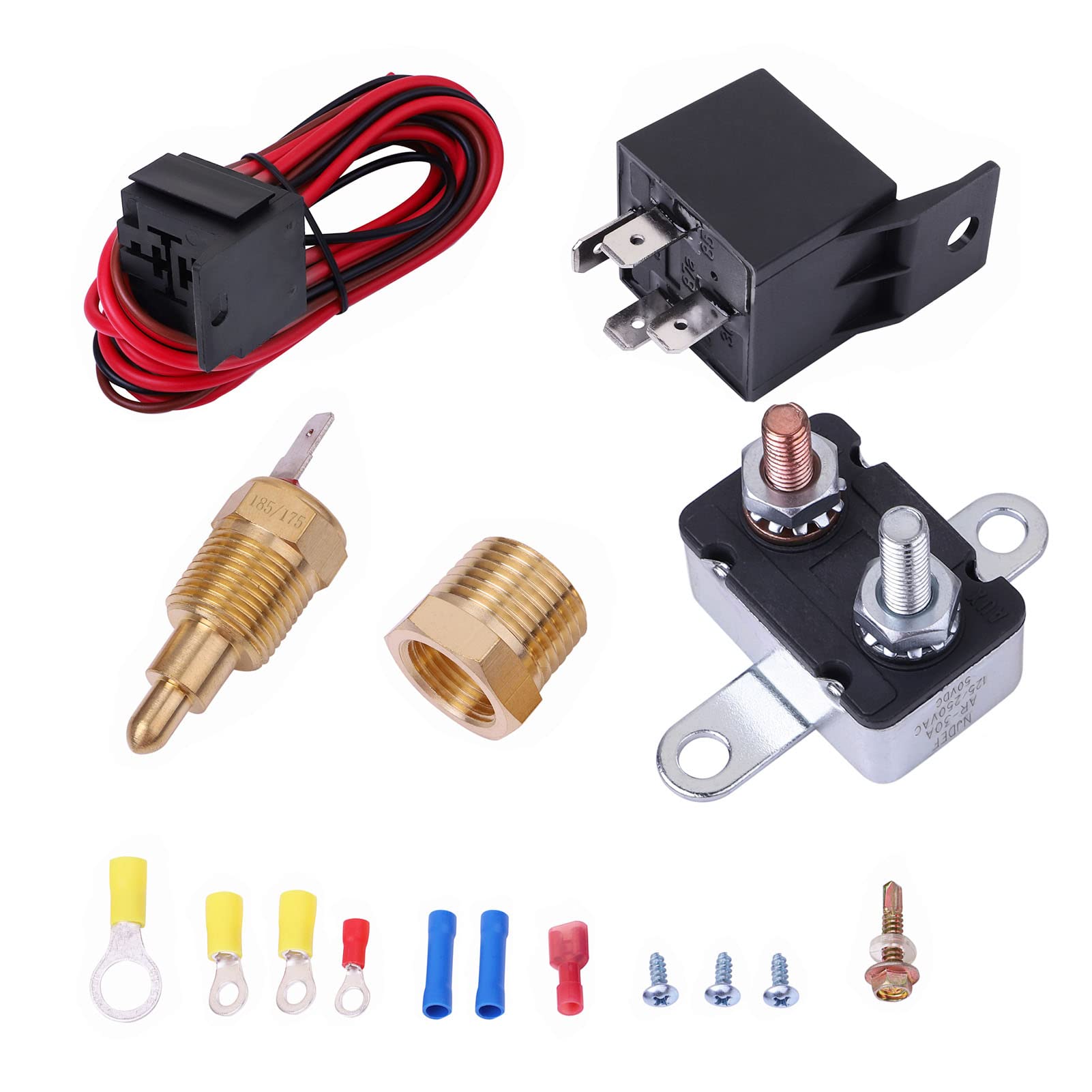 175-185°F Electric Cooling Fan Wiring Kit with Thermostat & Temperature Sensor - 40/50/60 Amp Relay Kit for Car, Truck, RV & Marine Engine Cooling Systems