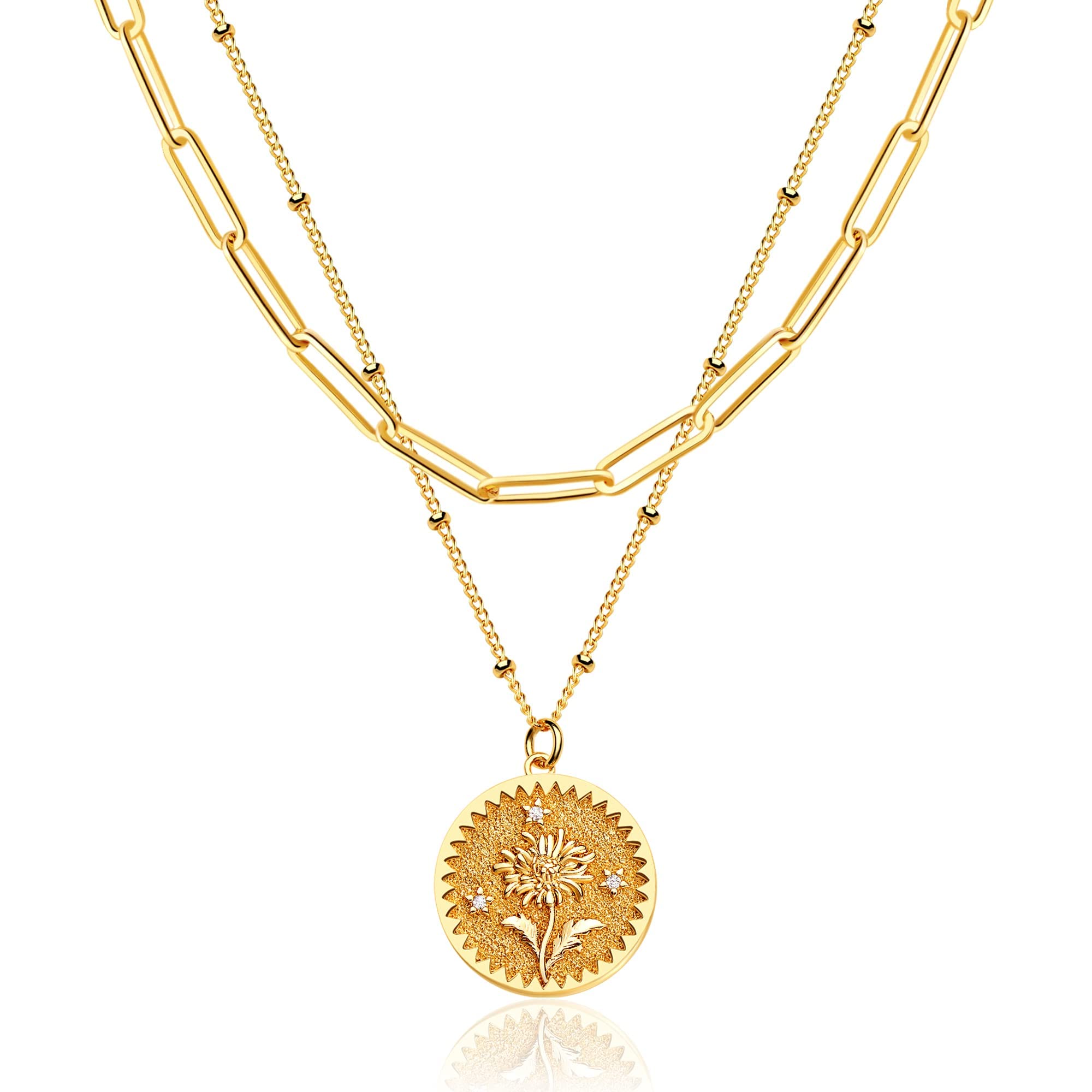 18K Gold Plated Custom Birth Flower Necklace for Women - Personalized Double Layered Engraved Floral Pendant, Dainty Birth Month Flower Disc Coin Necklace | Perfect Gift for Anniversary, Birthday, Mother's Day