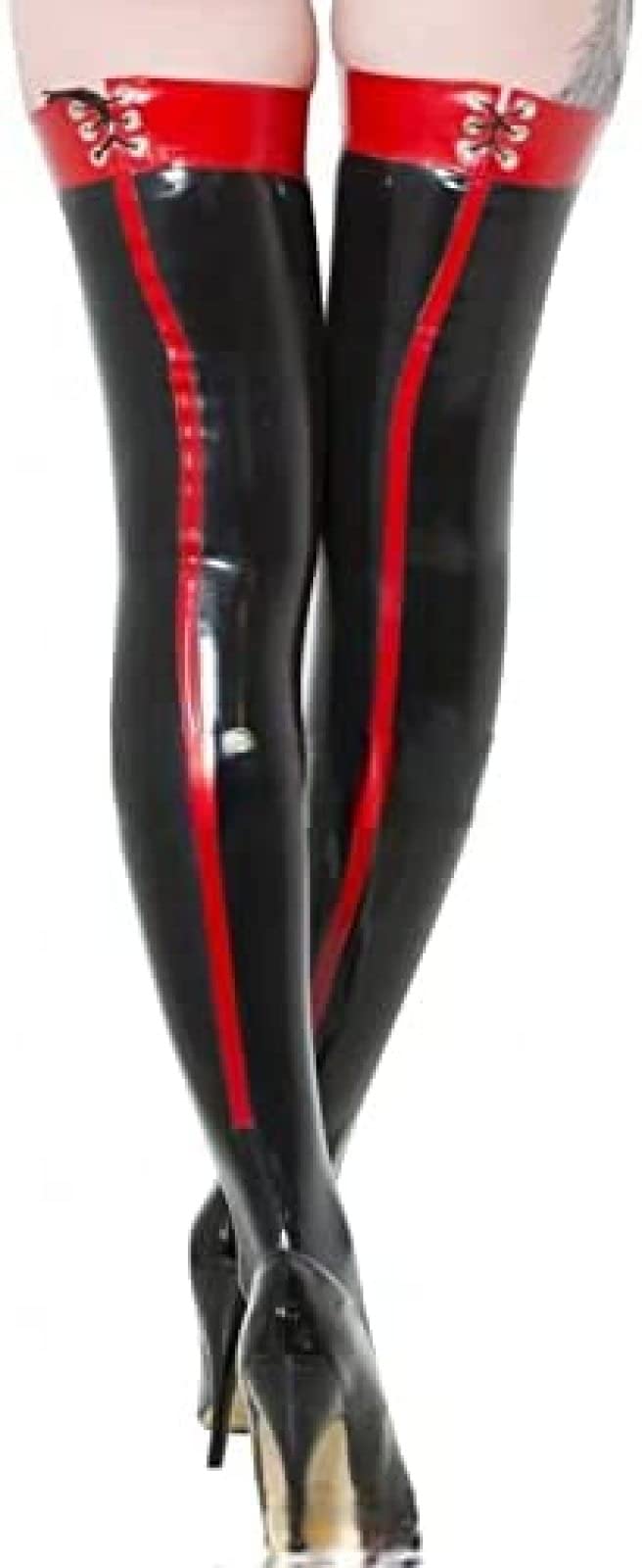 Black & Red Sexy Long Latex Stockings with Lace Trim - Thigh High Rubber Stockings (XS) - Perfect for Cosplay, Fetish Wear & Sensual Outfits
