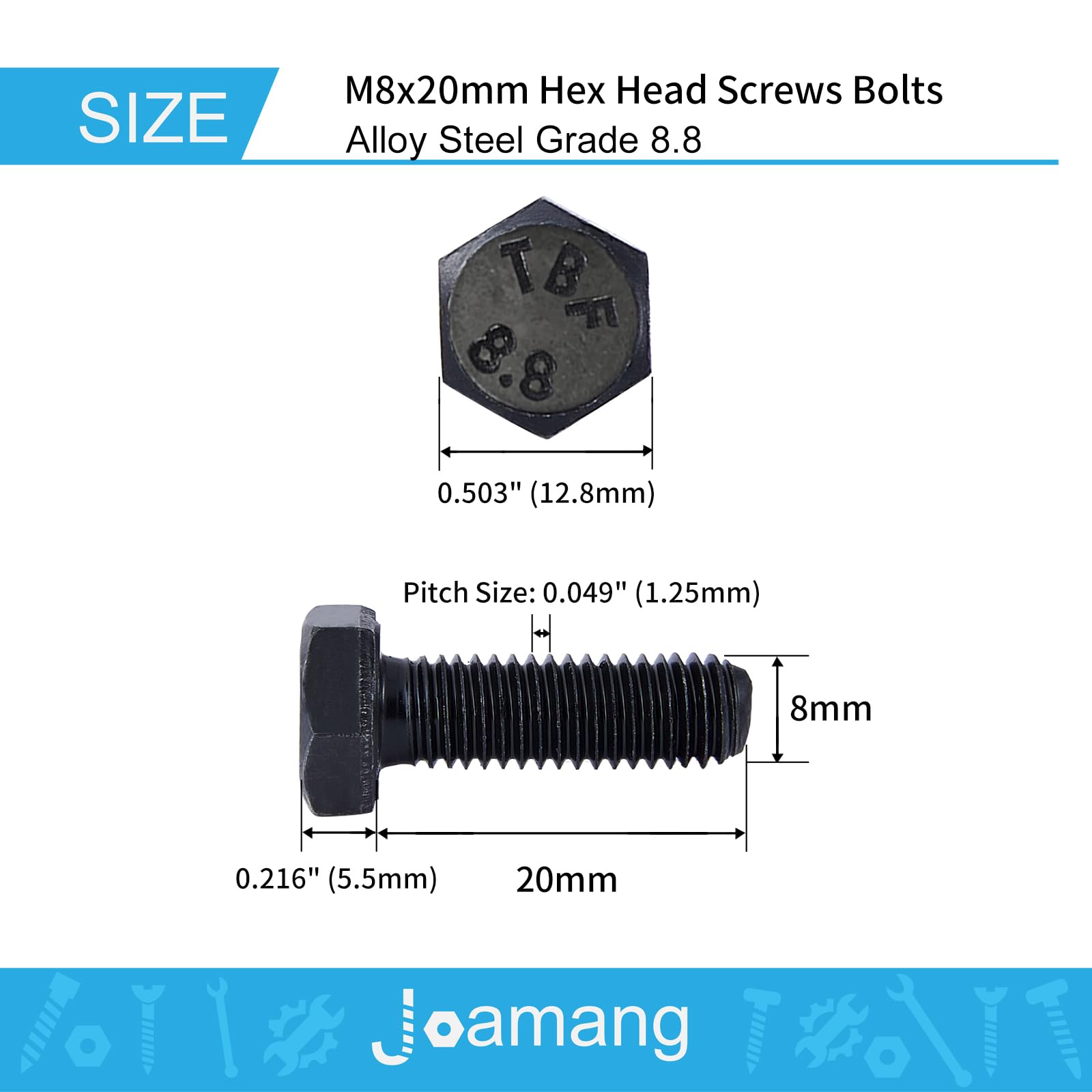 M8 x 20mm Hex Bolts 20Pcs - 8.8 Grade Alloy Steel for Machinery & Construction