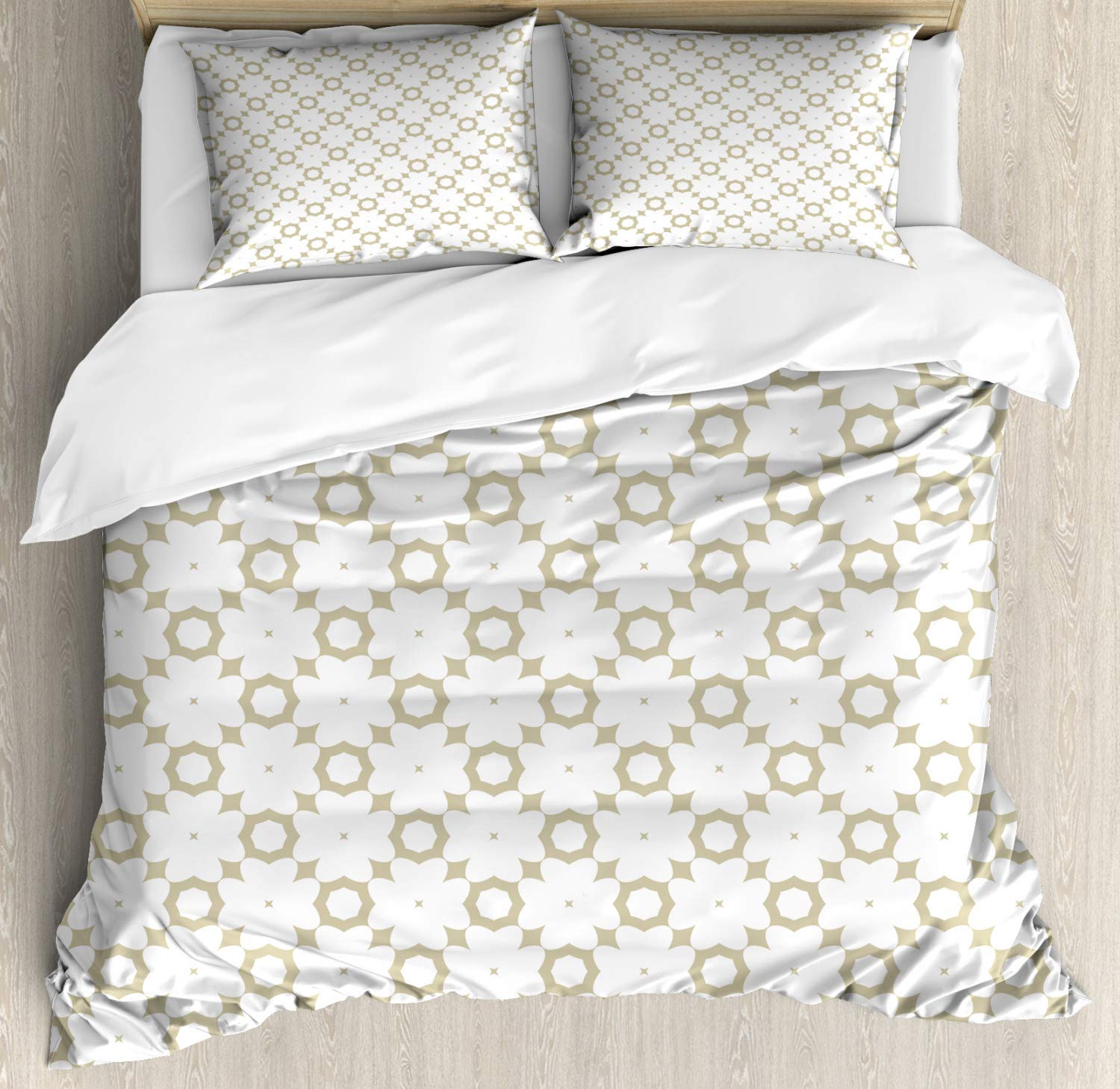 Ambesonne Floral Duvet Cover Set King Size - Elegant Bicolor Flower Pattern on White Pale Khaki Backdrop - 3 Piece Bedding Set with 2 Pillow Shams - Perfect for Master Bedroom, Guest Room & Bohemian Home Decor