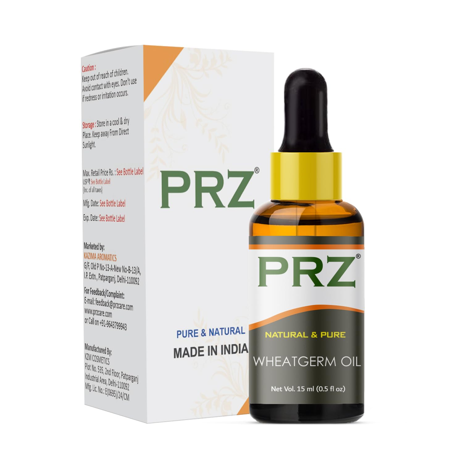 PRZ Wheat Germ Cold Pressed Carrier Oil 15ml - 100% Pure Natural Therapeutic Grade Oil for Aromatherapy, Massage, Skin & Hair Care | Moisturizing Dry Skin & Repairing Damaged Hair